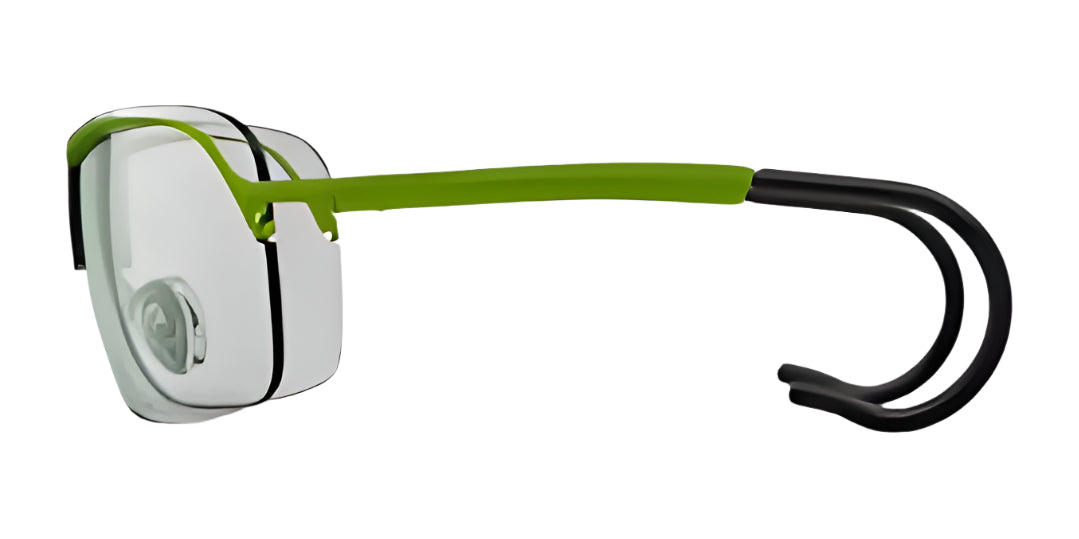 Side view of an RE Ranger XLW Shooting Glasses lens in green with a black hook-shaped temple, complemented by an adjustable nose bridge ideal for sport shooting. Side view of an RE Ranger XLW Shooting Glasses lens in green with a black hook-shaped temple, complemented by an adjustable nose bridge ideal for sport shooting.