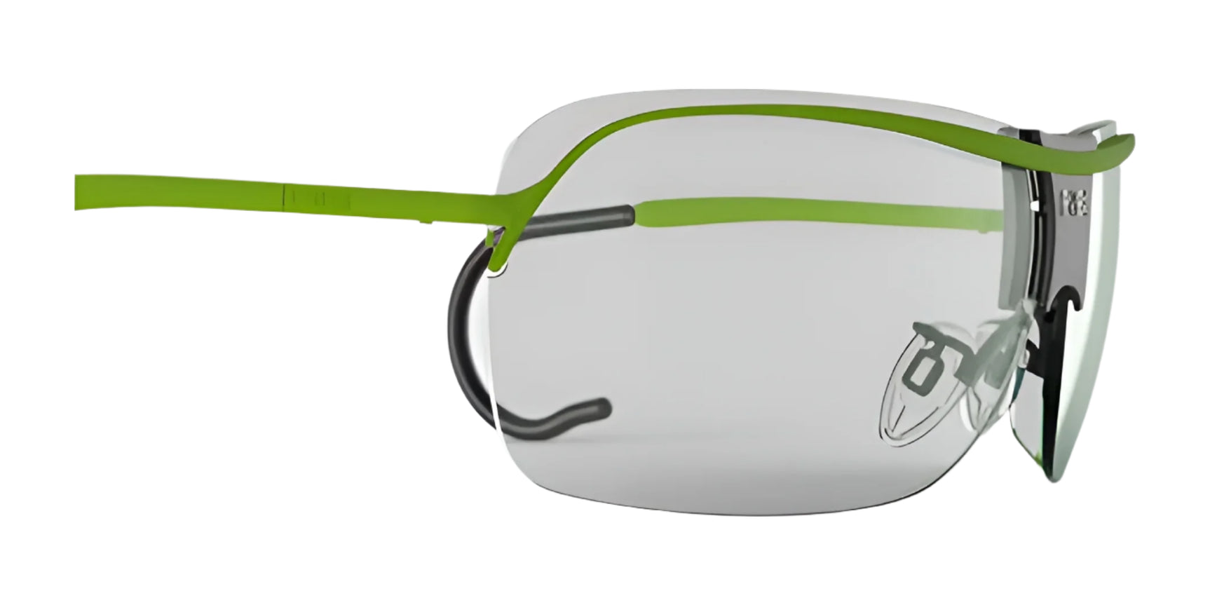 Side view of RE Ranger XLW Shooting Glasses by RE Ranger—green-framed, rimless design with clear lenses and adjustable nose bridge. Side view of RE Ranger XLW Shooting Glasses by RE Ranger—green-framed, rimless design with clear lenses and adjustable nose bridge.