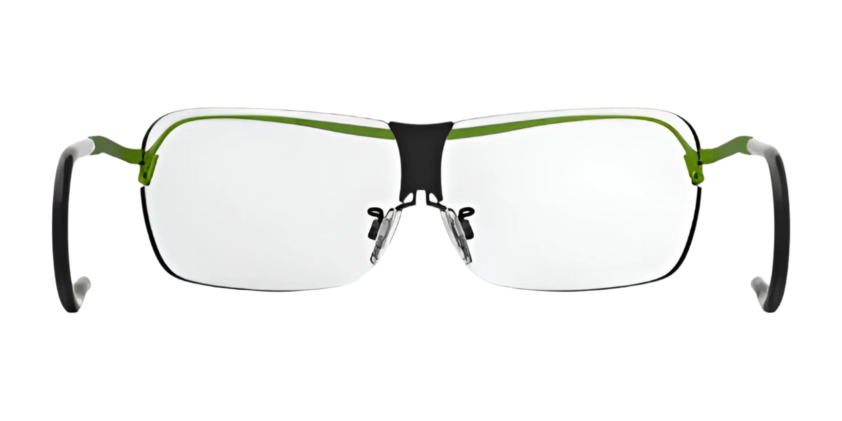The RE Ranger XLW Shooting Glasses feature a rimless design, green accents, and an adjustable black nose bridge as seen from the front. The RE Ranger XLW Shooting Glasses feature a rimless design, green accents, and an adjustable black nose bridge as seen from the front.