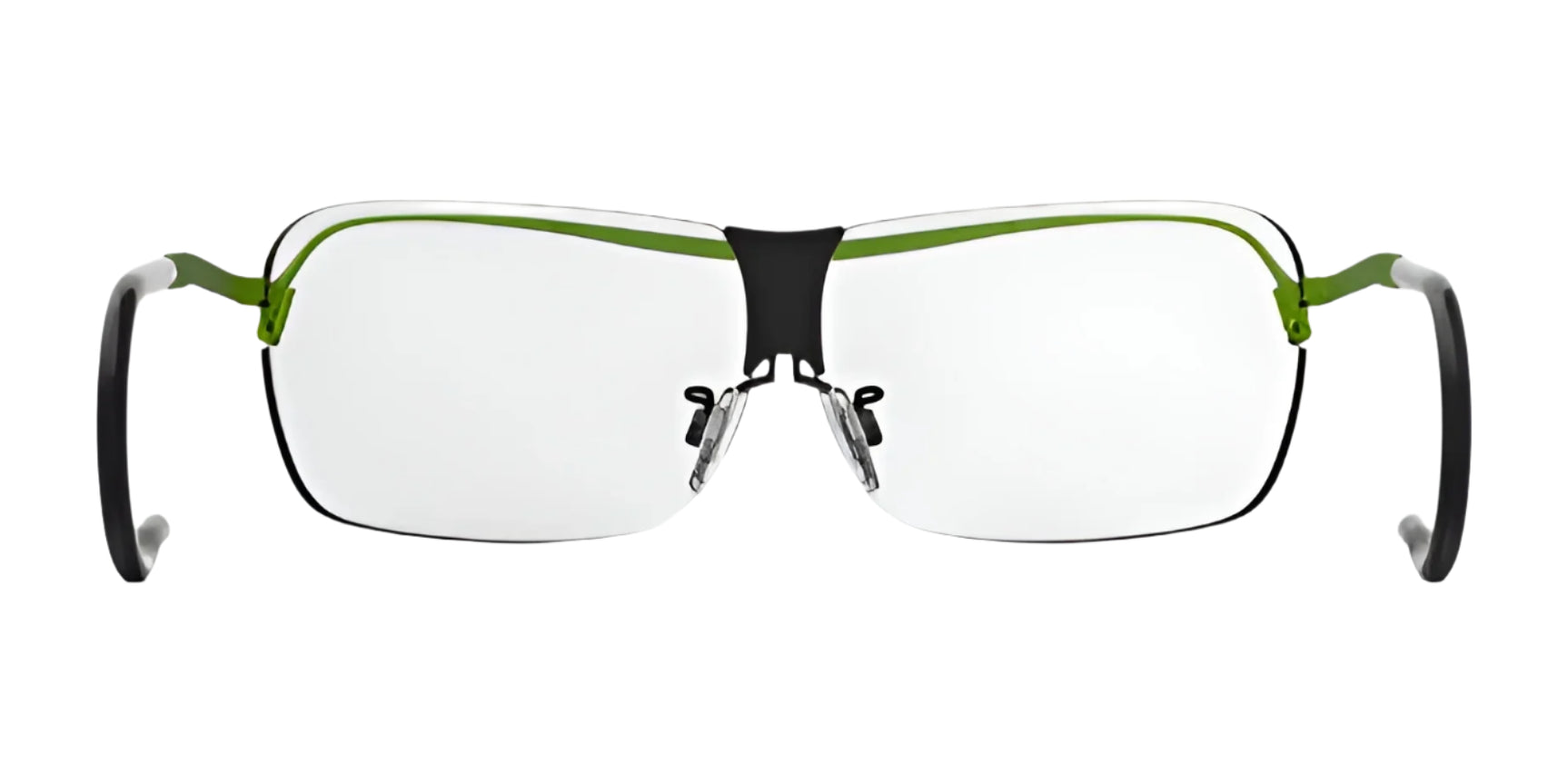 The RE Ranger XLW Shooting Glasses by RE Ranger feature rimless frames with distortion-free clear lenses and green-accented temples, ideal for shooting, as seen from the front. The RE Ranger XLW Shooting Glasses by RE Ranger feature rimless frames with distortion-free clear lenses and green-accented temples, ideal for shooting, as seen from the front.