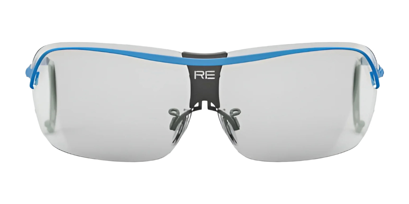 Close-up of RE Ranger XLW Shooting Glasses, highlighting their blue rim and clear lenses for distortion-free vision, and the letters "RE" on the bridge. Close-up of RE Ranger XLW Shooting Glasses, highlighting their blue rim and clear lenses for distortion-free vision, and the letters "RE" on the bridge.