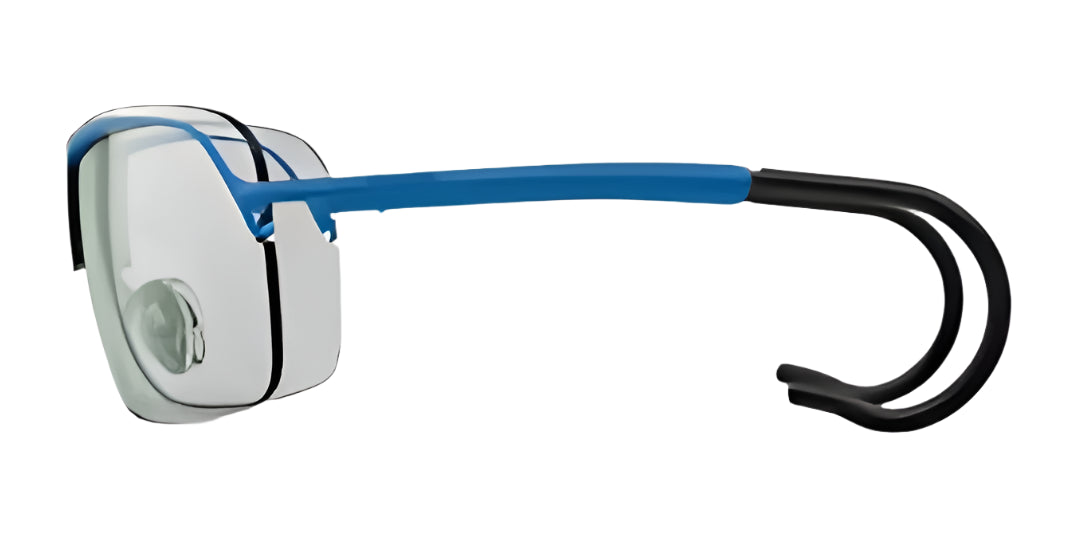 RE Ranger's XLW Shooting Glasses feature distortion-free lenses with a blue frame and black hook-shaped ear pieces, designed for clarity and precision. RE Ranger's XLW Shooting Glasses feature distortion-free lenses with a blue frame and black hook-shaped ear pieces, designed for clarity and precision.