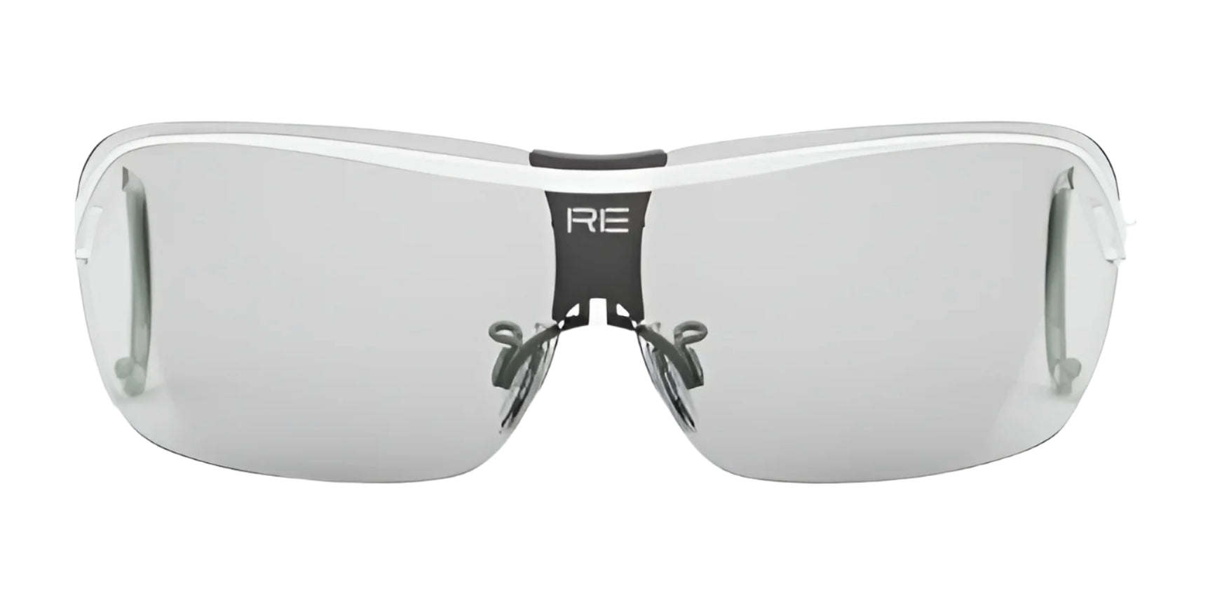 The RE Ranger XLW Shooting Glasses feature futuristic designs with white frames, reflective distortion-free lenses, and a sleek black nose bridge. The RE Ranger XLW Shooting Glasses feature futuristic designs with white frames, reflective distortion-free lenses, and a sleek black nose bridge.