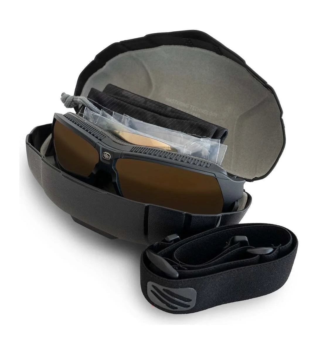 Rudy Project Agent Q Performance Kit | Size 68 by Rudy Project in Matte Black: sunglasses with UV protection, case, spare lenses, cleaning cloth, and adjustable black strap, displayed on a white background. Rudy Project Agent Q Performance Kit | Size 68 by Rudy Project in Matte Black: sunglasses with UV protection, case, spare lenses, cleaning cloth, and adjustable black strap, displayed on a white background.