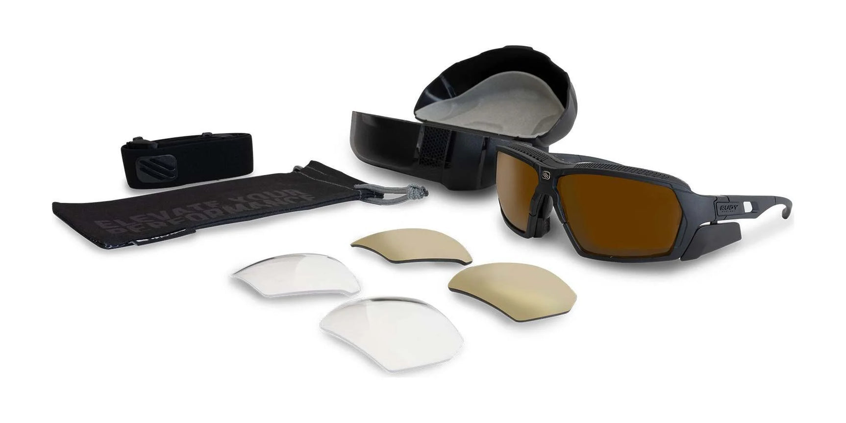 The Rudy Project Agent Q Performance Kit (Size 68) by Rudy Project features black sports sunglasses with interchangeable lenses, UV protection, and includes a pouch, hard case, and a small rectangular accessory. The Rudy Project Agent Q Performance Kit (Size 68) by Rudy Project features black sports sunglasses with interchangeable lenses, UV protection, and includes a pouch, hard case, and a small rectangular accessory.