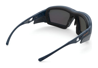 The Rudy Project Agent Q Sunglasses (Size 68) by Rudy Project feature dark blue wraparound frames with thick construction, foam padding, and black UV-protective lenses. Shown here from the back.