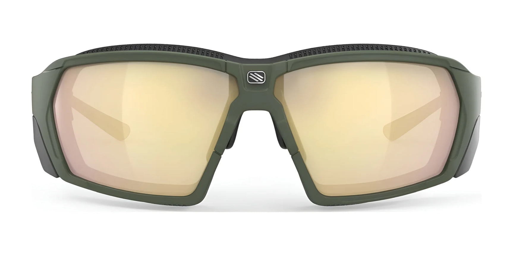The Rudy Project Agent Q Sunglasses (Size 68) by Rudy Project feature a green frame and large, mirrored gold-tinted lenses, stylishly protecting against UV rays. Shown from the front on a white background. The Rudy Project Agent Q Sunglasses (Size 68) by Rudy Project feature a green frame and large, mirrored gold-tinted lenses, stylishly protecting against UV rays. Shown from the front on a white background.