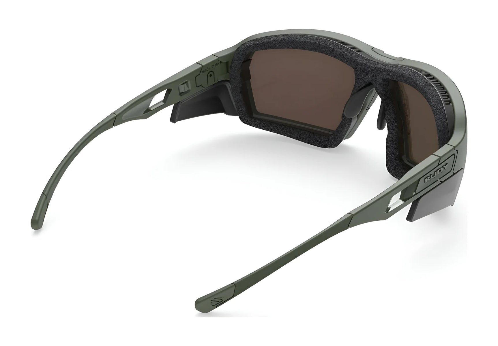 The Rudy Project Agent Q Sunglasses (Size 68) feature a matte green frame, brown lenses, foam lining, and wraparound arms—shown from the back—to shield your eyes from harmful UV rays. The Rudy Project Agent Q Sunglasses (Size 68) feature a matte green frame, brown lenses, foam lining, and wraparound arms—shown from the back—to shield your eyes from harmful UV rays.