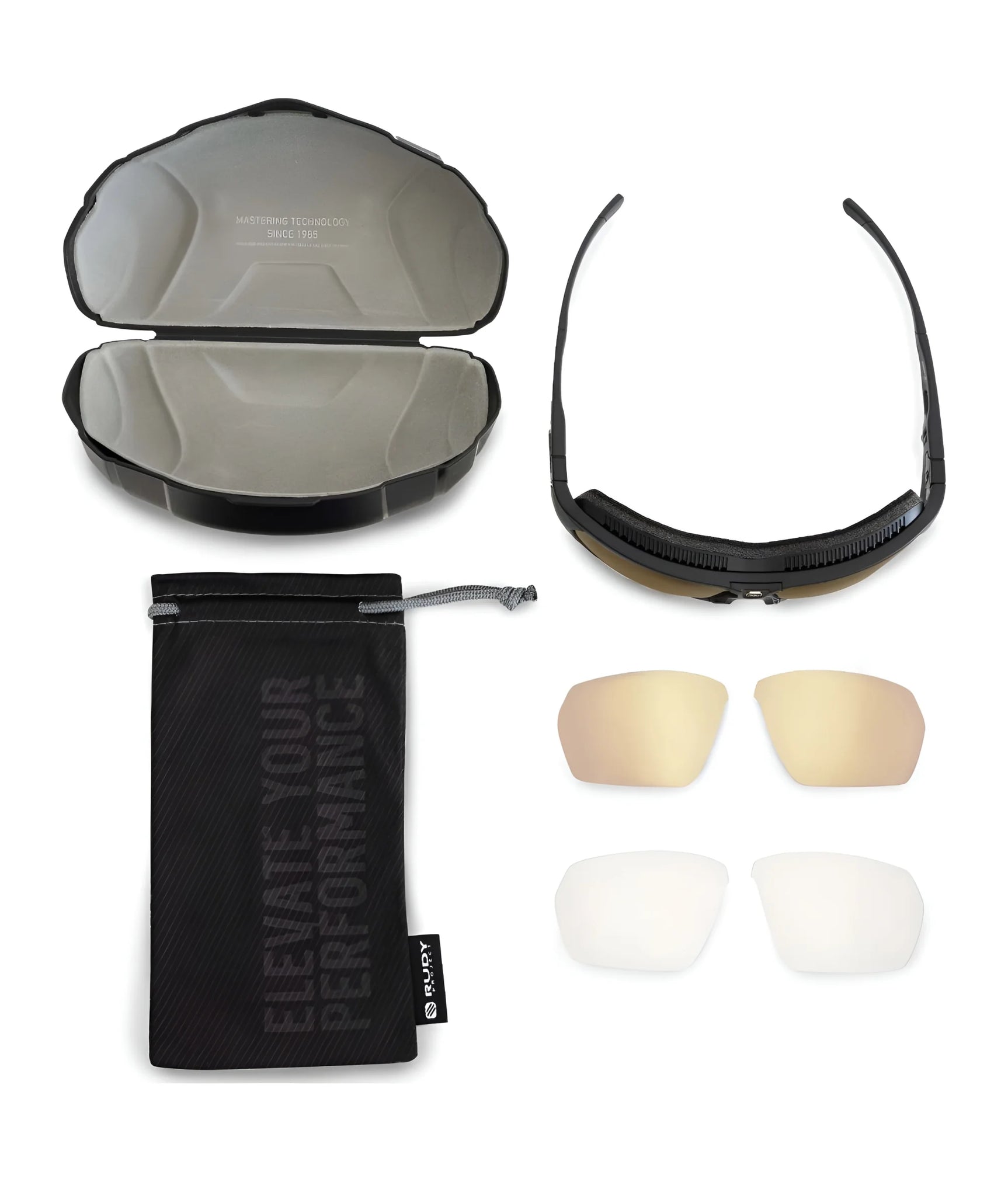 Rudy Project Agent Q Sunglasses (Size 68) by Rudy Project include interchangeable lenses, a hard case, and a soft pouch with "Elevate Your Performance" text, offering top UV protection and comfort for focused vision. Rudy Project Agent Q Sunglasses (Size 68) by Rudy Project include interchangeable lenses, a hard case, and a soft pouch with "Elevate Your Performance" text, offering top UV protection and comfort for focused vision.