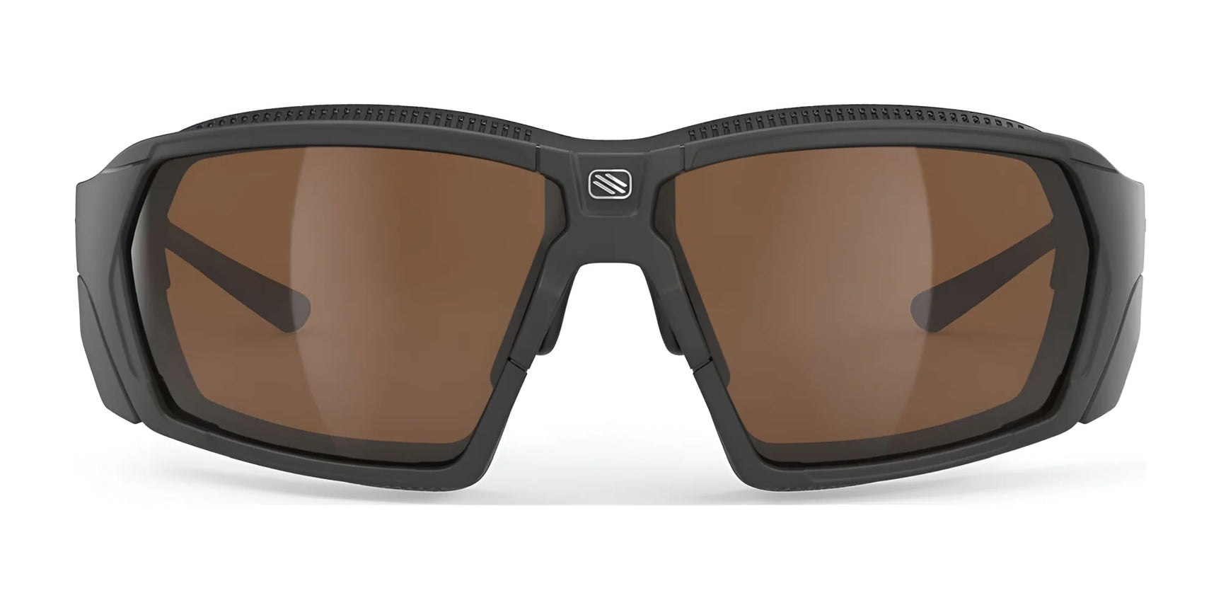 Front view of Rudy Project Agent Q Sunglasses | Size 68—sporty, black frames with large brown-tinted lenses, offering stylish UV protection from Rudy Project. Front view of Rudy Project Agent Q Sunglasses | Size 68—sporty, black frames with large brown-tinted lenses, offering stylish UV protection from Rudy Project.