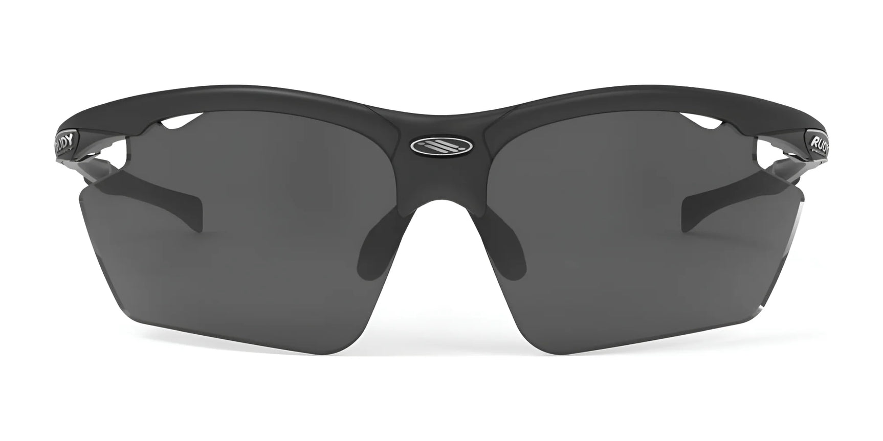 Front view of Rudy Project Agon Sunglasses | Size 68 by Rudy Project: black cycling sunglasses with dark lenses, a sleek curved frame, and adjustable anti-slip temples for a secure fit. Front view of Rudy Project Agon Sunglasses | Size 68 by Rudy Project: black cycling sunglasses with dark lenses, a sleek curved frame, and adjustable anti-slip temples for a secure fit.
