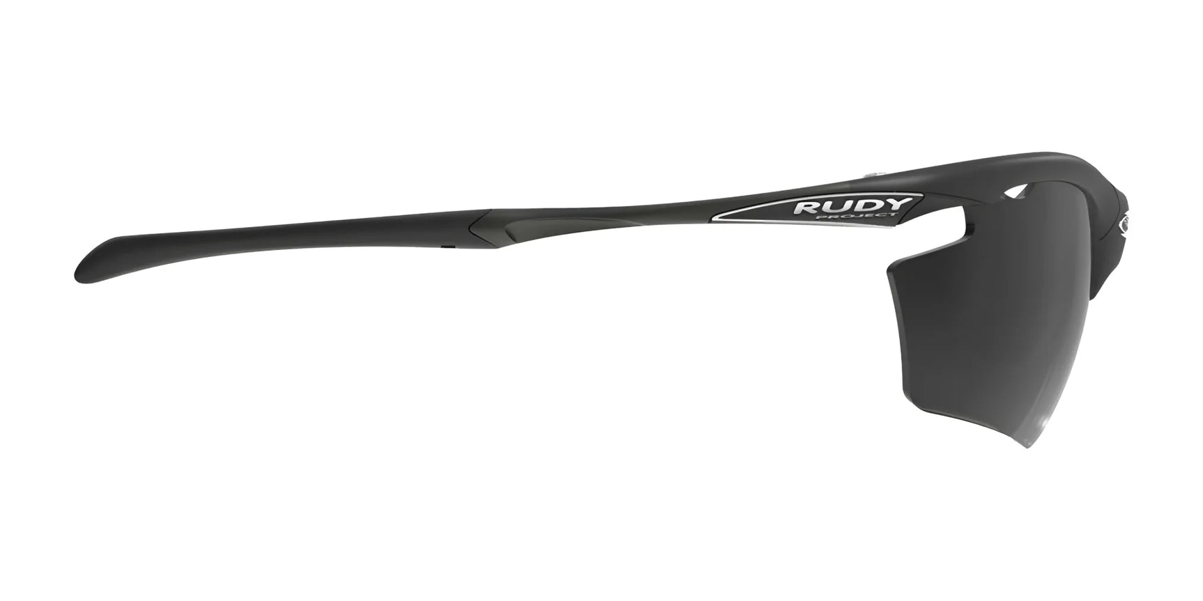 Side view of black Rudy Project Agon Sunglasses | Size 68, featuring a single wraparound lens and adjustable anti-slip temples. Side view of black Rudy Project Agon Sunglasses | Size 68, featuring a single wraparound lens and adjustable anti-slip temples.