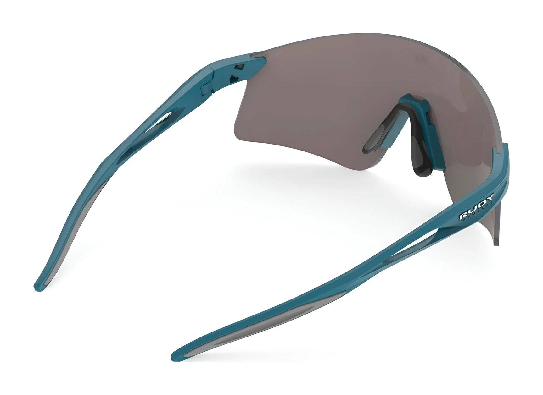 Rudy Project Astral X Sunglasses (Size 150) by Rudy Project feature teal frames, a single curved dark lens, and open sides for UV protection during active pursuits—shown from above at an angle. Rudy Project Astral X Sunglasses (Size 150) by Rudy Project feature teal frames, a single curved dark lens, and open sides for UV protection during active pursuits—shown from above at an angle.