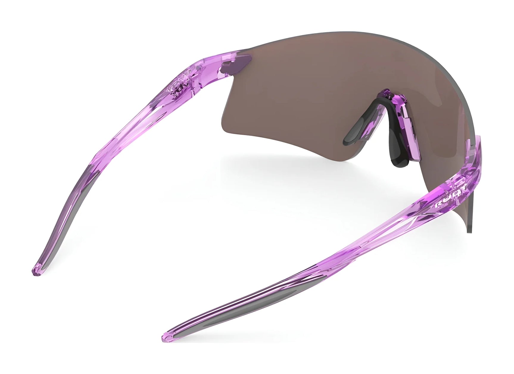 The Rudy Project Astral X Sunglasses (Size 150) feature a single dark lens and translucent purple arms, shown from the side and back, shielding your eyes from UV rays with sleek, athletic style. The Rudy Project Astral X Sunglasses (Size 150) feature a single dark lens and translucent purple arms, shown from the side and back, shielding your eyes from UV rays with sleek, athletic style.