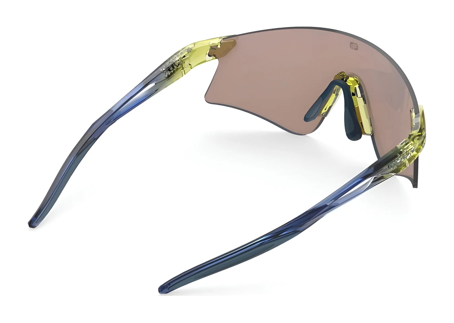 Rudy Project Astral Sunglasses | Size 147: Sport sunglasses with sustainable frames in yellow and blue translucence and brown-tinted curved lenses, shown in a side view. Rudy Project Astral Sunglasses | Size 147: Sport sunglasses with sustainable frames in yellow and blue translucence and brown-tinted curved lenses, shown in a side view.