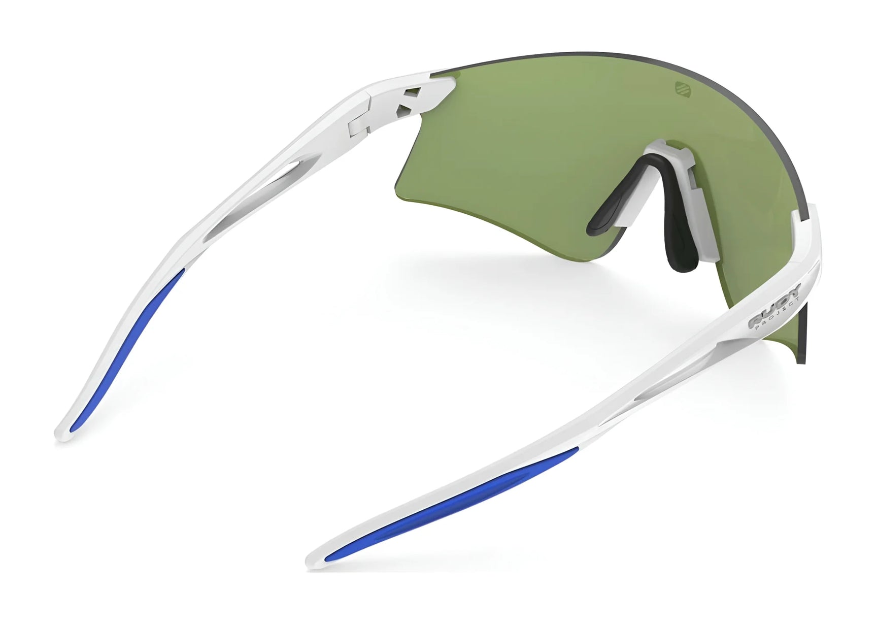 Rudy Project Astral Sunglasses (Size 147) in white and blue, shown from the rear with a green single shield lens on a white background. Offers UV protection for safe outdoor activities. Rudy Project Astral Sunglasses (Size 147) in white and blue, shown from the rear with a green single shield lens on a white background. Offers UV protection for safe outdoor activities.