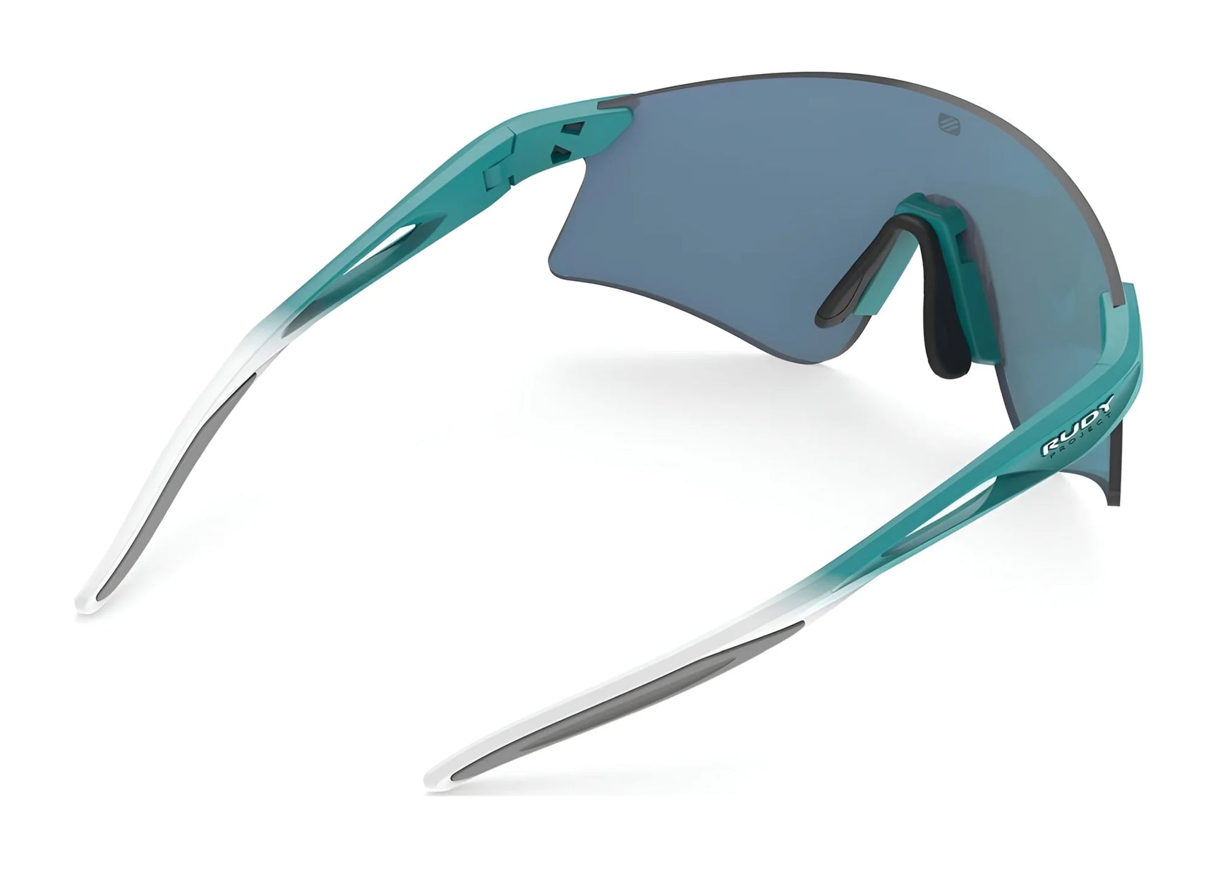 Rudy Project Astral Sunglasses (Size 147): Teal and white sports shades with blue-tinted shield lenses, aerodynamic design, and UV protection for active lifestyles. Rudy Project Astral Sunglasses (Size 147): Teal and white sports shades with blue-tinted shield lenses, aerodynamic design, and UV protection for active lifestyles.