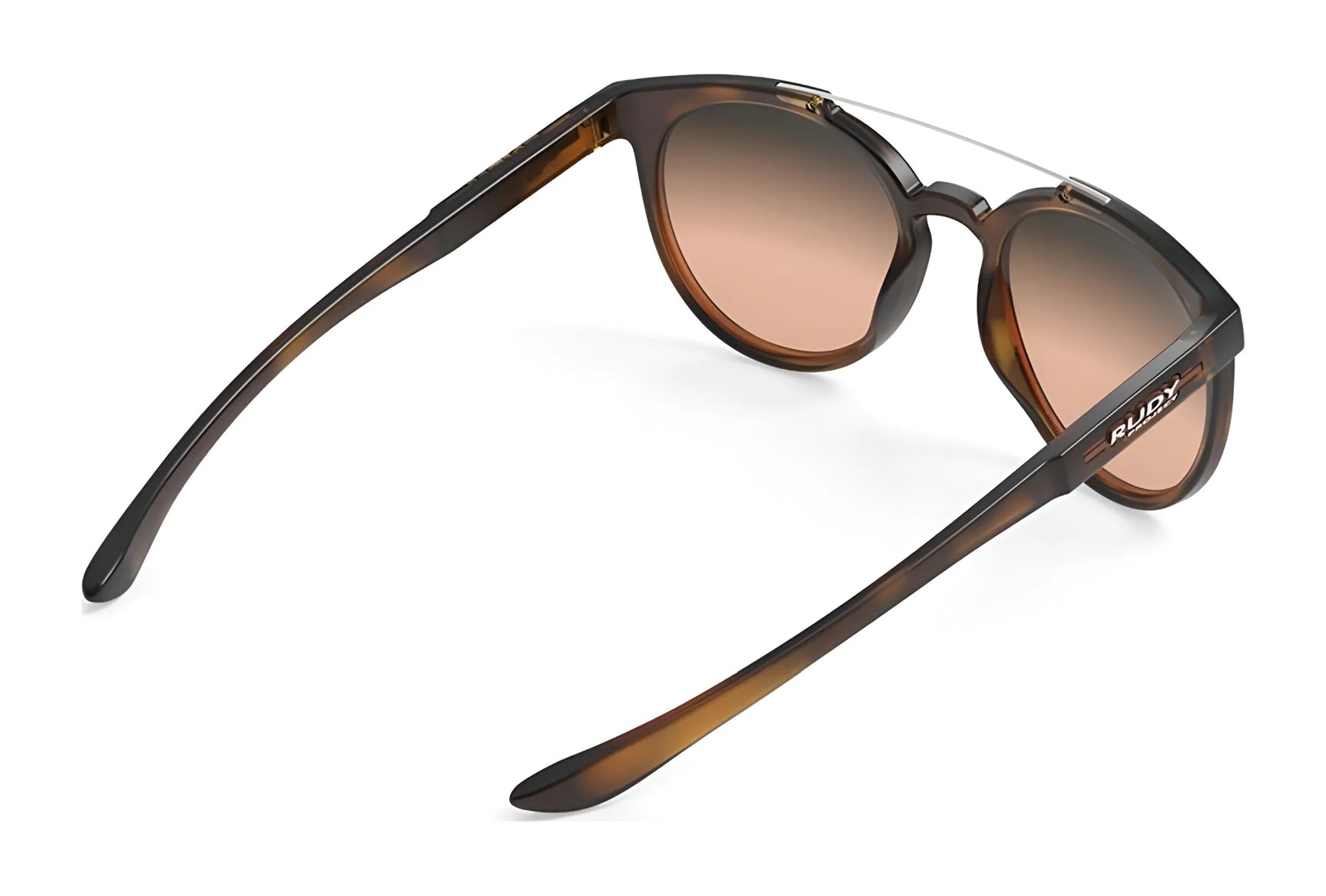 Rudy Project Astroloop Sunglasses | Size 52 in brown tortoiseshell feature round brown lenses and showcase Italian design with award-winning optics, as seen from a rear angled view. Rudy Project Astroloop Sunglasses | Size 52 in brown tortoiseshell feature round brown lenses and showcase Italian design with award-winning optics, as seen from a rear angled view.