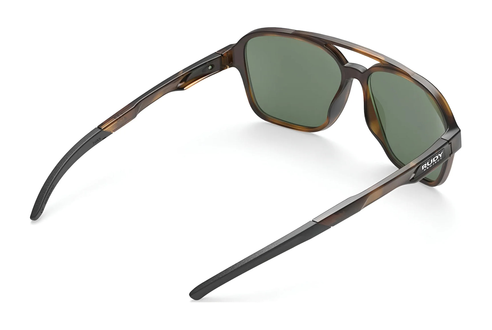 The Rudy Project Croze Sunglasses | Size 57 by Rudy Project feature a brown frame and green lenses, shown from the back at an angle on a white background, offering stylish UV protection for your eyes. The Rudy Project Croze Sunglasses | Size 57 by Rudy Project feature a brown frame and green lenses, shown from the back at an angle on a white background, offering stylish UV protection for your eyes.