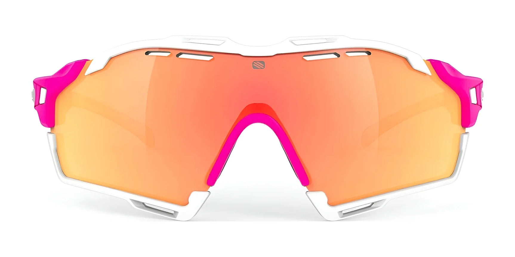 The Rudy Project Cutline Sunglasses by Rudy Project feature a sporty pink and white frame, large orange mirrored lenses, and adaptive temple tips for comfort, viewed from the front. The Rudy Project Cutline Sunglasses by Rudy Project feature a sporty pink and white frame, large orange mirrored lenses, and adaptive temple tips for comfort, viewed from the front.