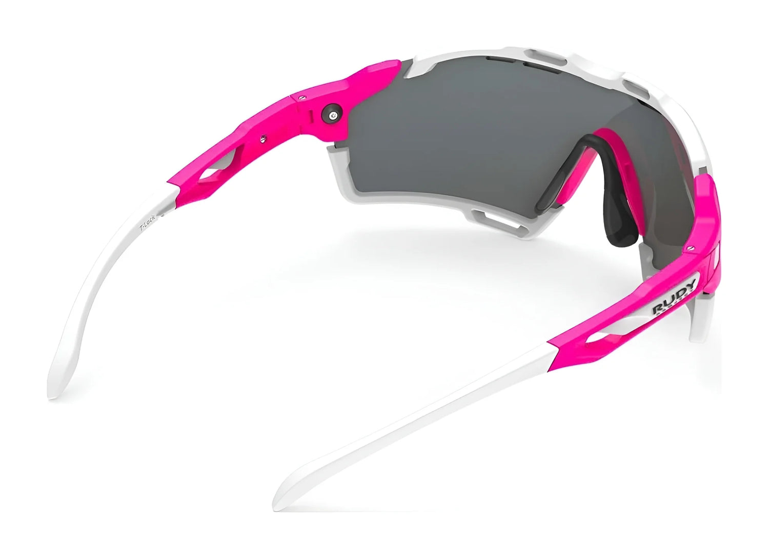 The Rudy Project Cutline Sunglasses by Rudy Project feature a pink and white frame, dark lenses, and adaptive temple tips for comfort, shown from an angled side view. The Rudy Project Cutline Sunglasses by Rudy Project feature a pink and white frame, dark lenses, and adaptive temple tips for comfort, shown from an angled side view.