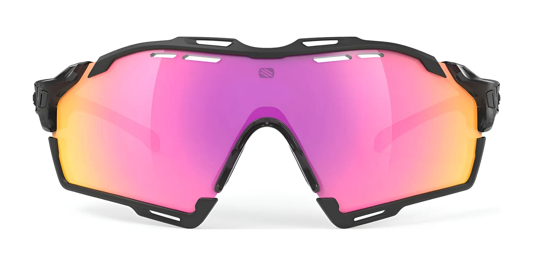 Rudy Project Cutline Sunglasses by Rudy Project feature pink-orange mirrored lenses, a black frame, and adaptive temple tips for a secure fit, shown from the front on a white background. Rudy Project Cutline Sunglasses by Rudy Project feature pink-orange mirrored lenses, a black frame, and adaptive temple tips for a secure fit, shown from the front on a white background.
