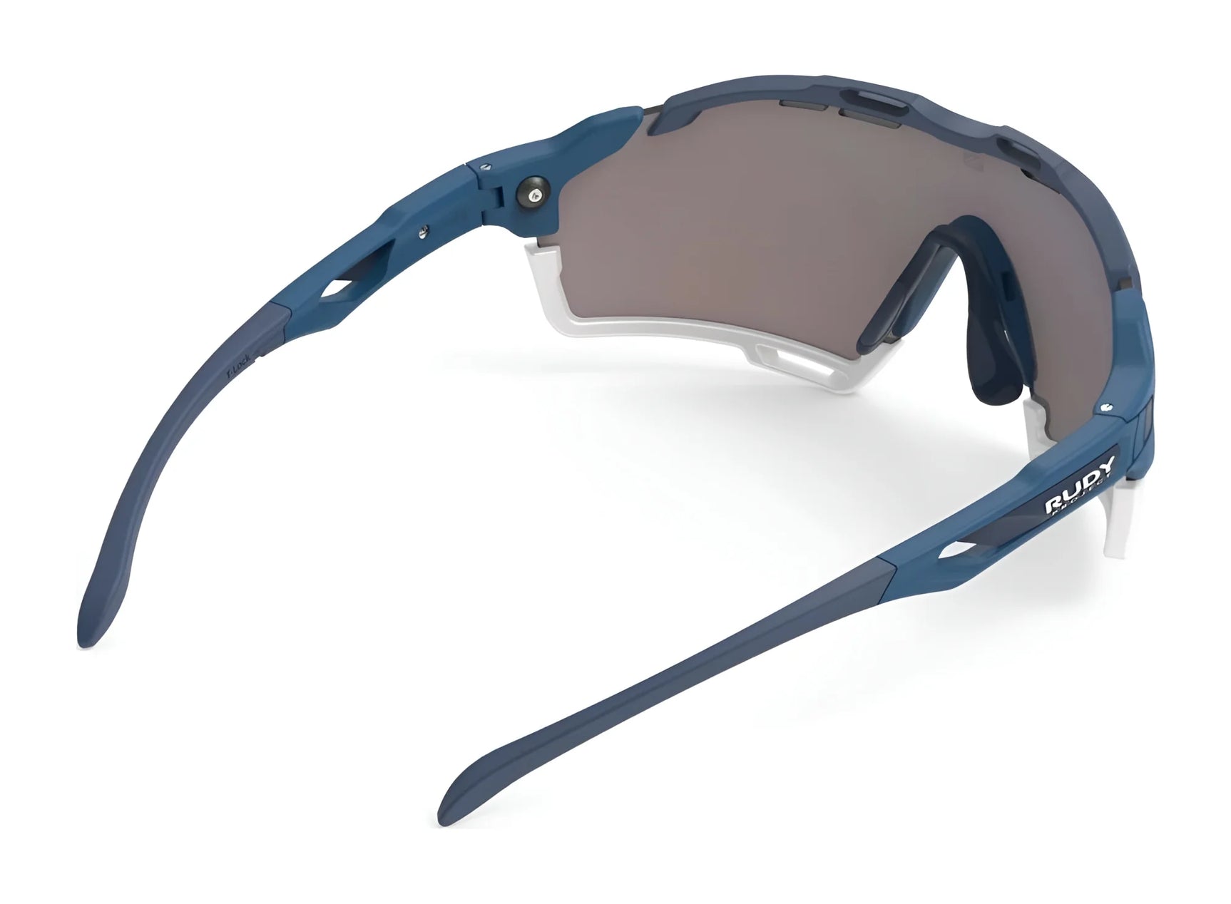 Rudy Project Cutline Sunglasses by Rudy Project feature blue and gray wraparound lenses with adaptive temple tips, shown from a rear angle. Rudy Project Cutline Sunglasses by Rudy Project feature blue and gray wraparound lenses with adaptive temple tips, shown from a rear angle.