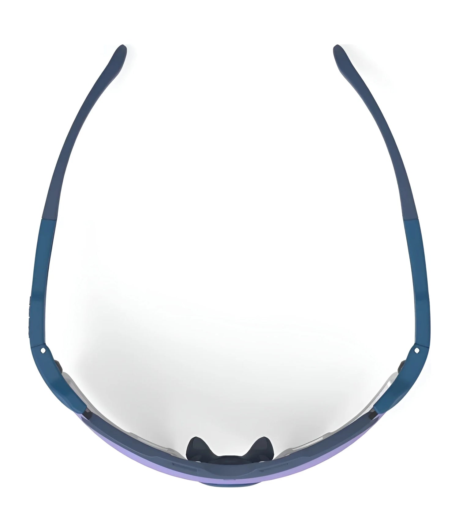 Rudy Project Cutline Sunglasses by Rudy Project featuring blue frames and Adaptive Temple Tips, shown from above with arms open in a semi-circular shape on a white background. Rudy Project Cutline Sunglasses by Rudy Project featuring blue frames and Adaptive Temple Tips, shown from above with arms open in a semi-circular shape on a white background.