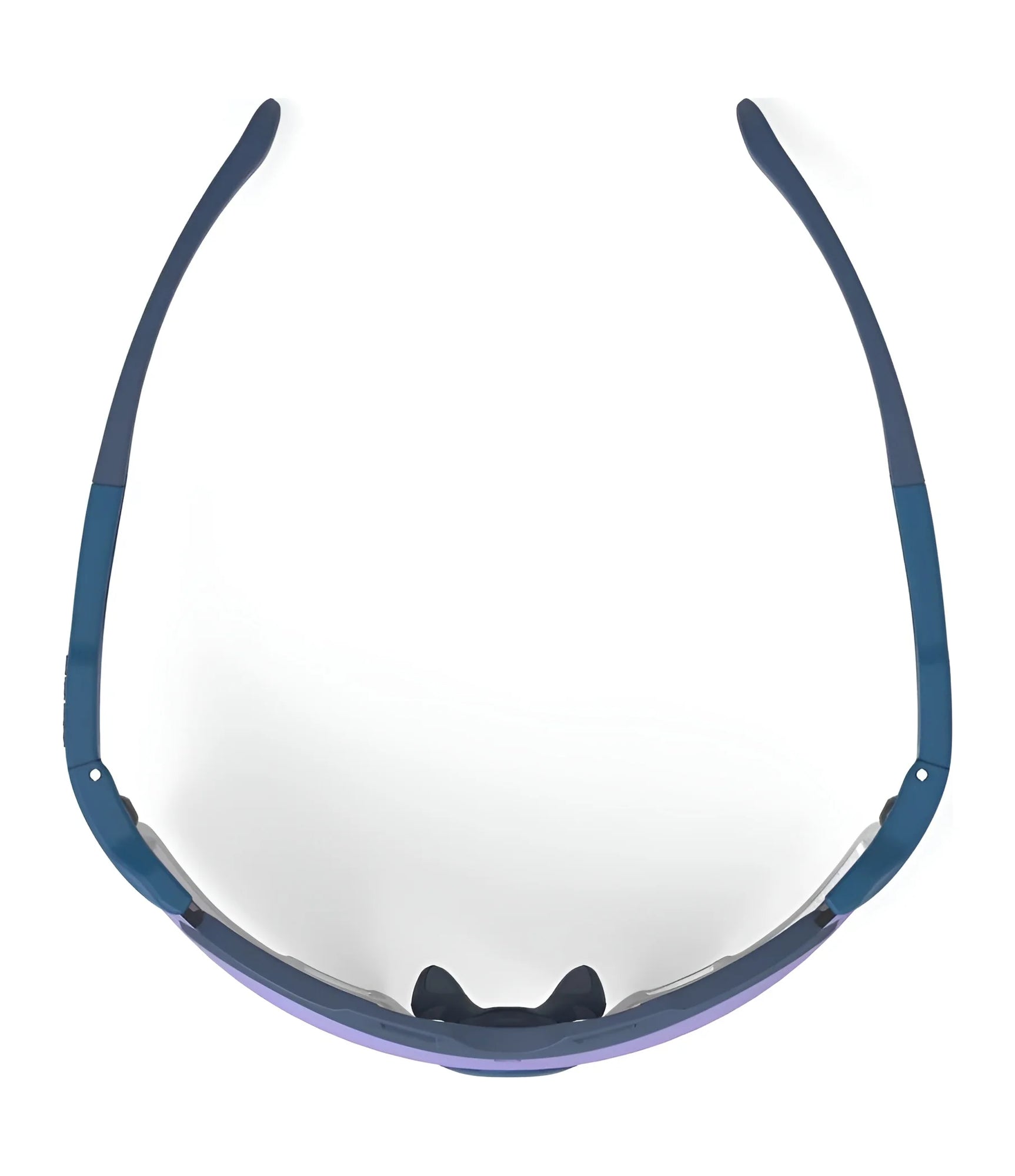 Rudy Project Cutline Sunglasses by Rudy Project featuring blue frames and Adaptive Temple Tips, shown from above with arms open in a semi-circular shape on a white background. Rudy Project Cutline Sunglasses by Rudy Project featuring blue frames and Adaptive Temple Tips, shown from above with arms open in a semi-circular shape on a white background.