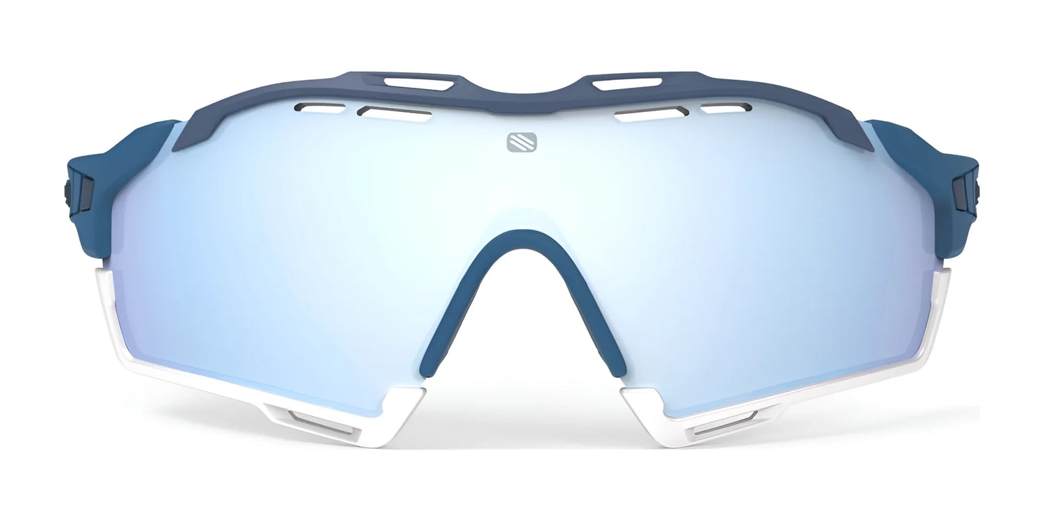 The Rudy Project Cutline Sunglasses by Rudy Project feature a blue and white aerodynamic design with a single mirrored lens and adaptive temple tips for a secure, comfortable fit. The Rudy Project Cutline Sunglasses by Rudy Project feature a blue and white aerodynamic design with a single mirrored lens and adaptive temple tips for a secure, comfortable fit.