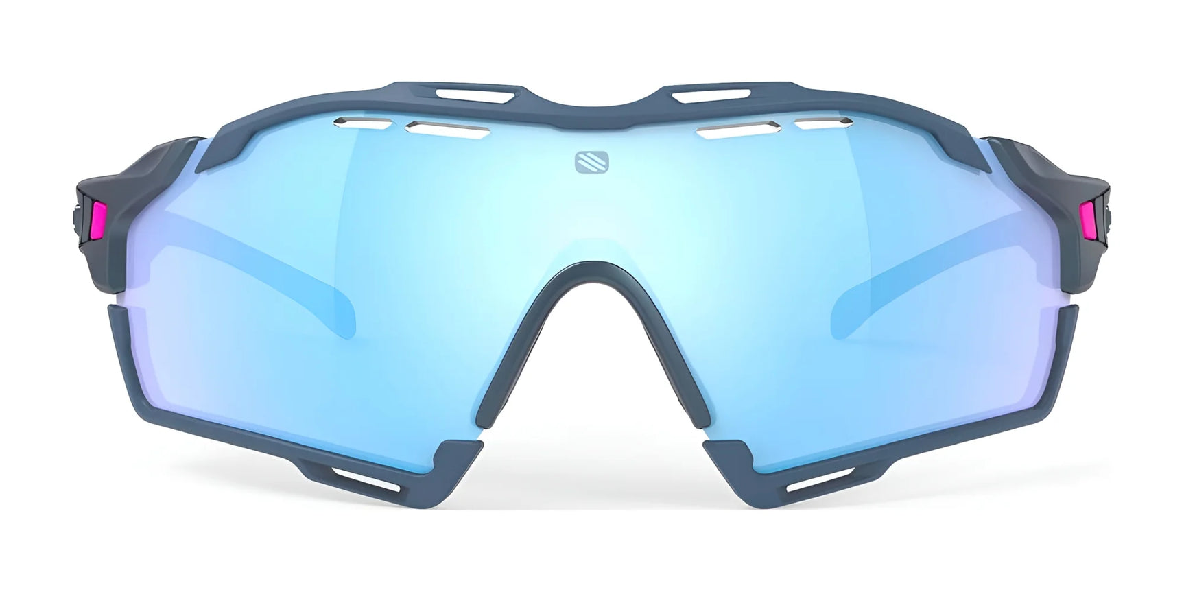The Rudy Project Cutline Sunglasses feature a blue-tinted, wide wraparound lens, dark gray and pink accents, and adaptive temple tips for a secure fit. The Rudy Project Cutline Sunglasses feature a blue-tinted, wide wraparound lens, dark gray and pink accents, and adaptive temple tips for a secure fit.