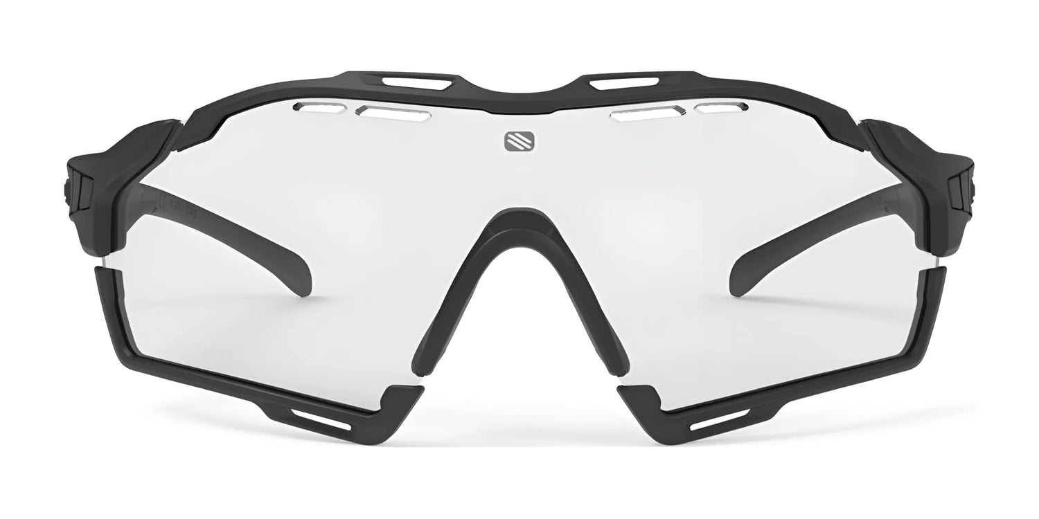 The Rudy Project Cutline Sunglasses by Rudy Project feature black frames with clear, angular lenses and adaptive temple tips for a secure fit, viewed from the front. The Rudy Project Cutline Sunglasses by Rudy Project feature black frames with clear, angular lenses and adaptive temple tips for a secure fit, viewed from the front.