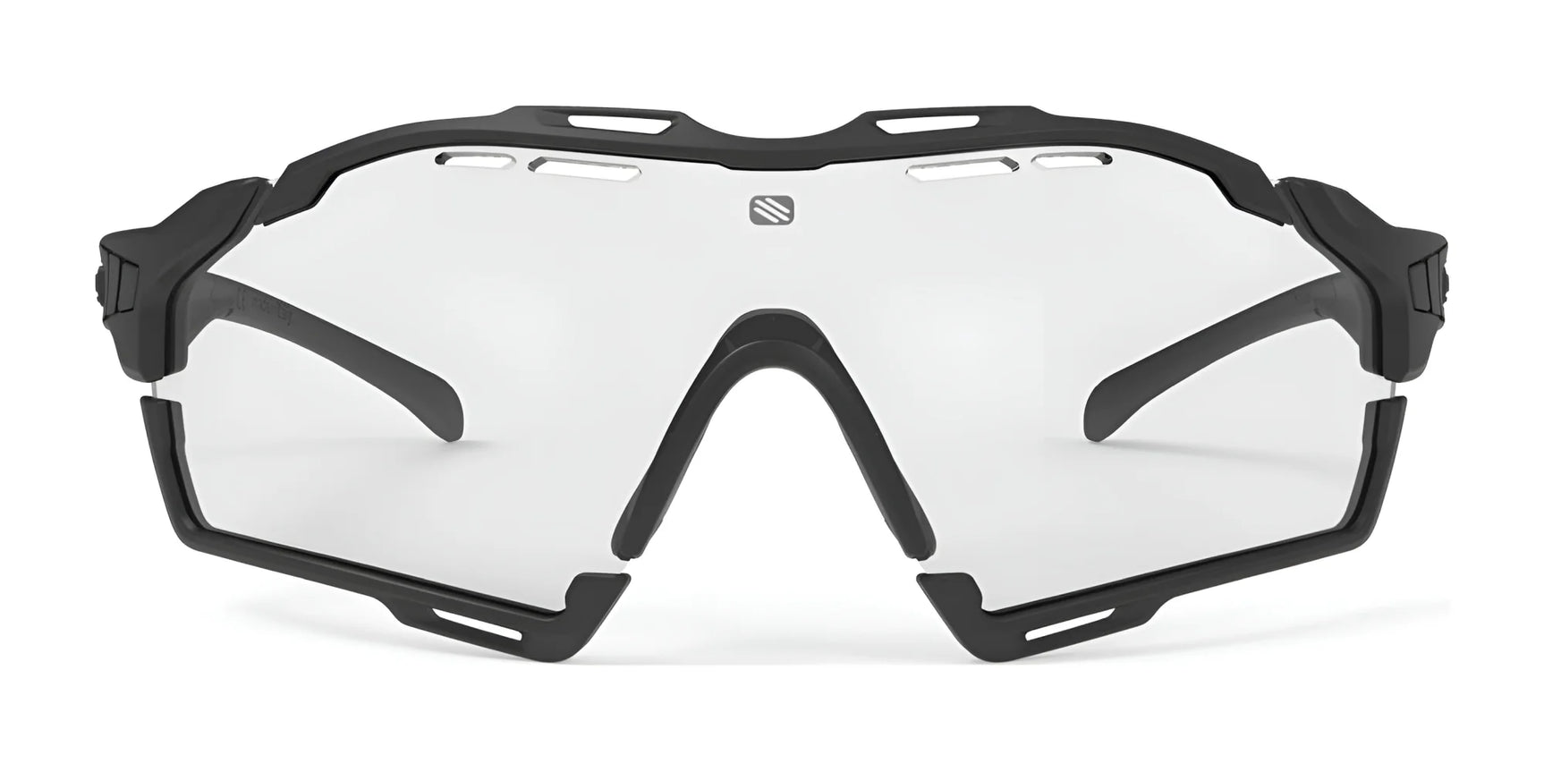 The Rudy Project Cutline Sunglasses by Rudy Project feature black frames with clear, angular lenses and adaptive temple tips for a secure fit, viewed from the front. The Rudy Project Cutline Sunglasses by Rudy Project feature black frames with clear, angular lenses and adaptive temple tips for a secure fit, viewed from the front.