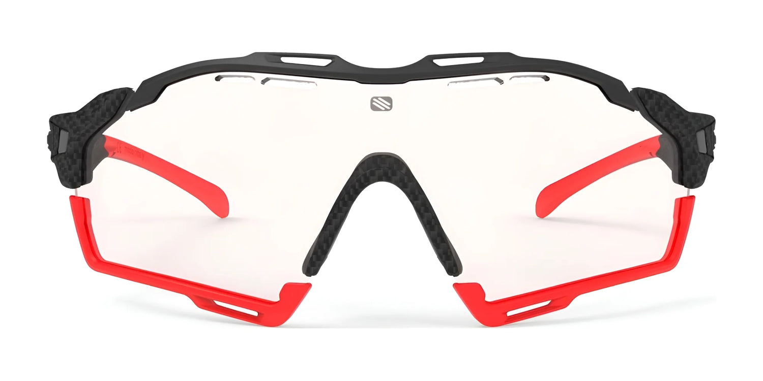 Rudy Project Cutline Sunglasses by Rudy Project feature clear lenses, a black frame, red arms, and adaptive temple tips for a secure fit when viewed from the front. Rudy Project Cutline Sunglasses by Rudy Project feature clear lenses, a black frame, red arms, and adaptive temple tips for a secure fit when viewed from the front.
