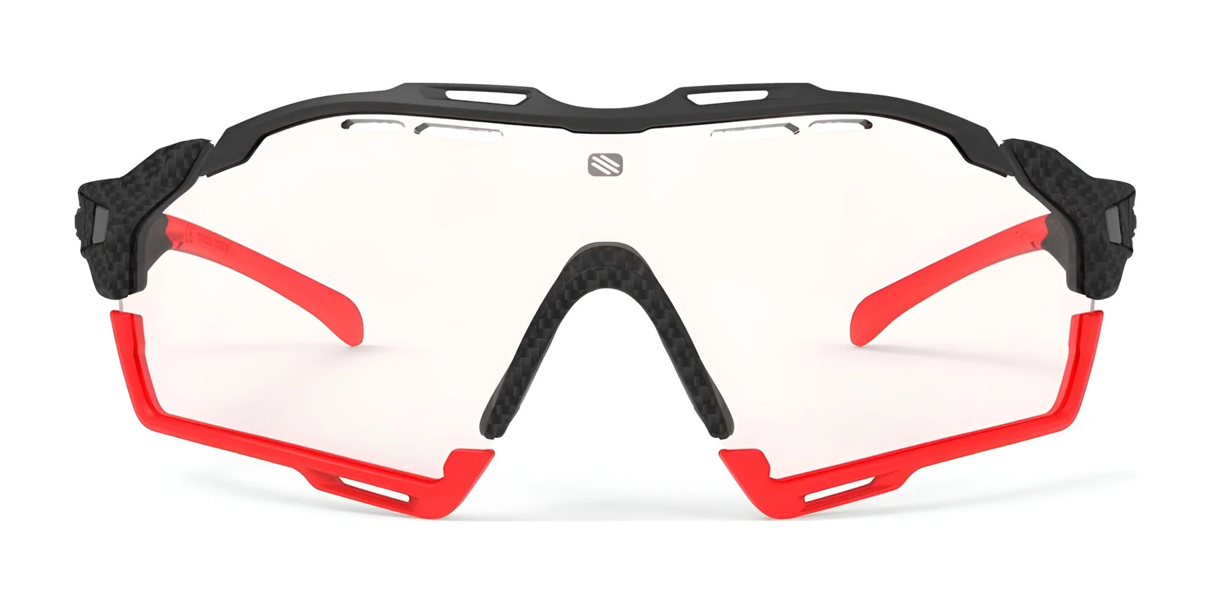 Rudy Project Cutline Sunglasses by Rudy Project feature clear lenses, a black frame, red arms, and adaptive temple tips for a secure fit when viewed from the front. Rudy Project Cutline Sunglasses by Rudy Project feature clear lenses, a black frame, red arms, and adaptive temple tips for a secure fit when viewed from the front.