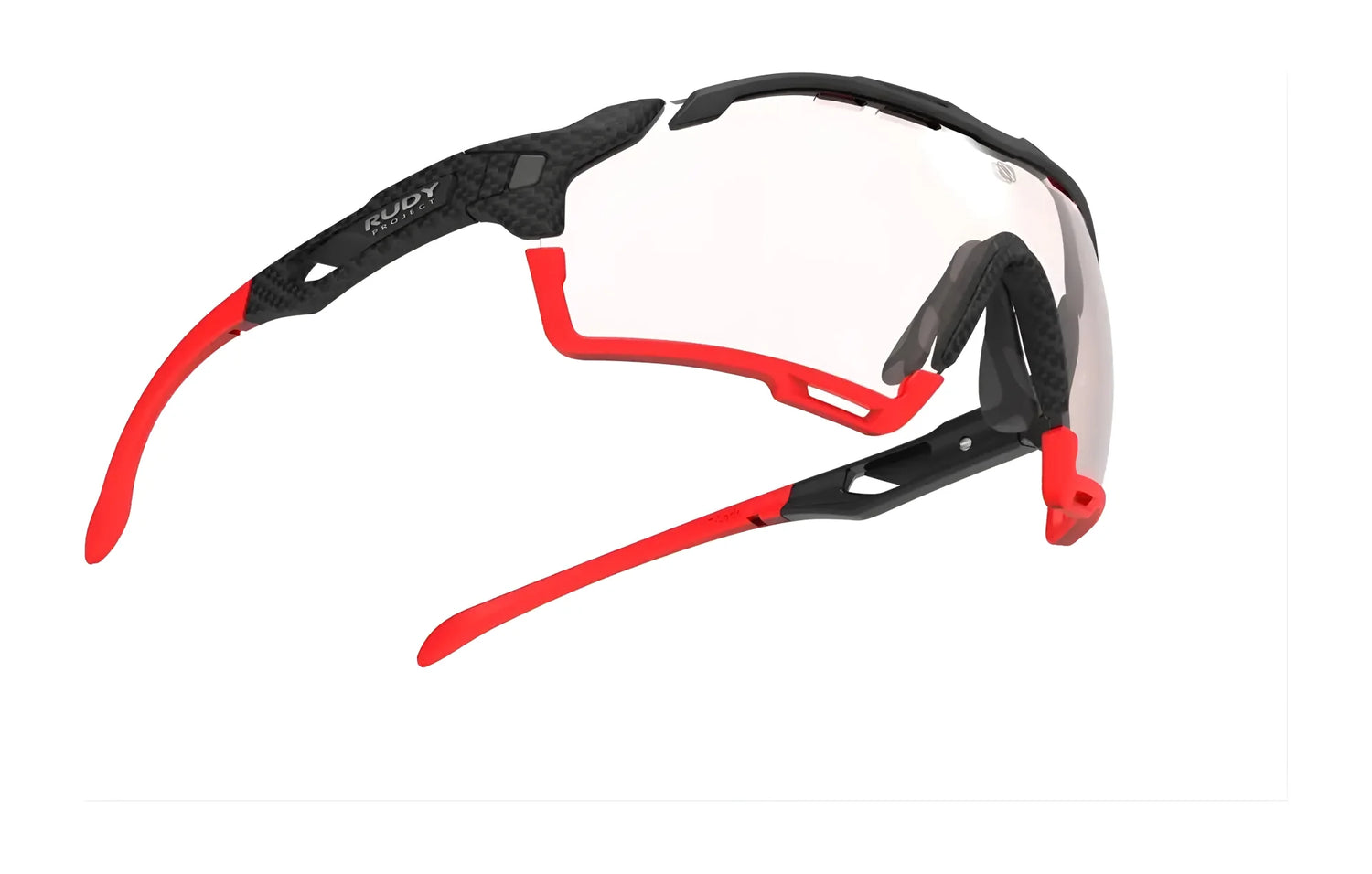 Rudy Project Cutline Sunglasses by Rudy Project, featuring red and black frames, clear lenses, and adaptive temple tips for a customized fit, are shown on a white background. Rudy Project Cutline Sunglasses by Rudy Project, featuring red and black frames, clear lenses, and adaptive temple tips for a customized fit, are shown on a white background.