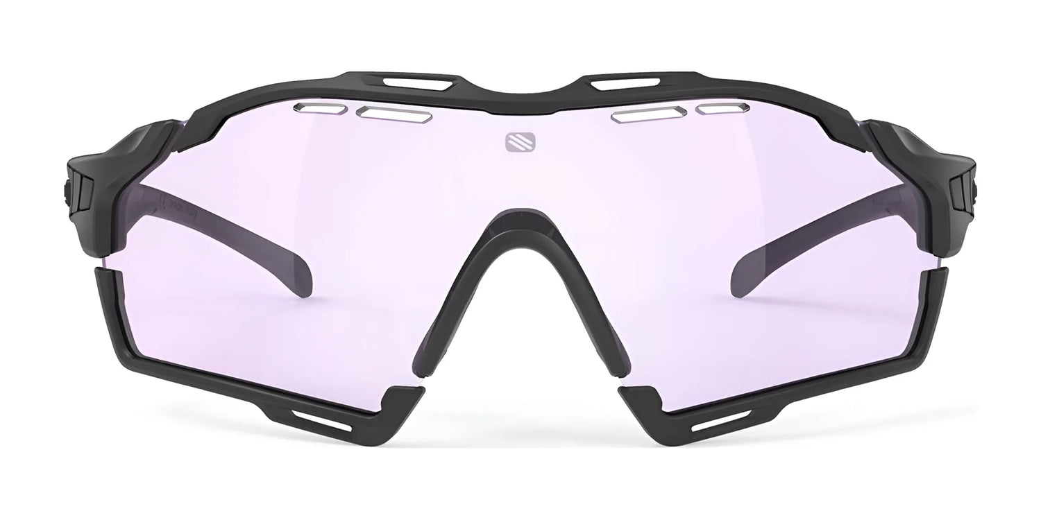 The Rudy Project Cutline Sunglasses by Rudy Project feature a black frame, large slightly tinted purple lenses, and adaptive temple tips for comfort, displayed against a white background. The Rudy Project Cutline Sunglasses by Rudy Project feature a black frame, large slightly tinted purple lenses, and adaptive temple tips for comfort, displayed against a white background.