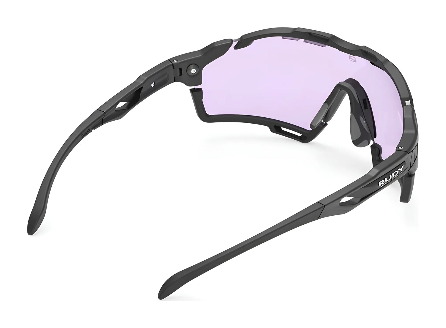 Rudy Project Cutline Sunglasses by Rudy Project feature black frames, purple-tinted interchangeable lenses, and adaptive temple tips, shown from an angled rear view. Rudy Project Cutline Sunglasses by Rudy Project feature black frames, purple-tinted interchangeable lenses, and adaptive temple tips, shown from an angled rear view.