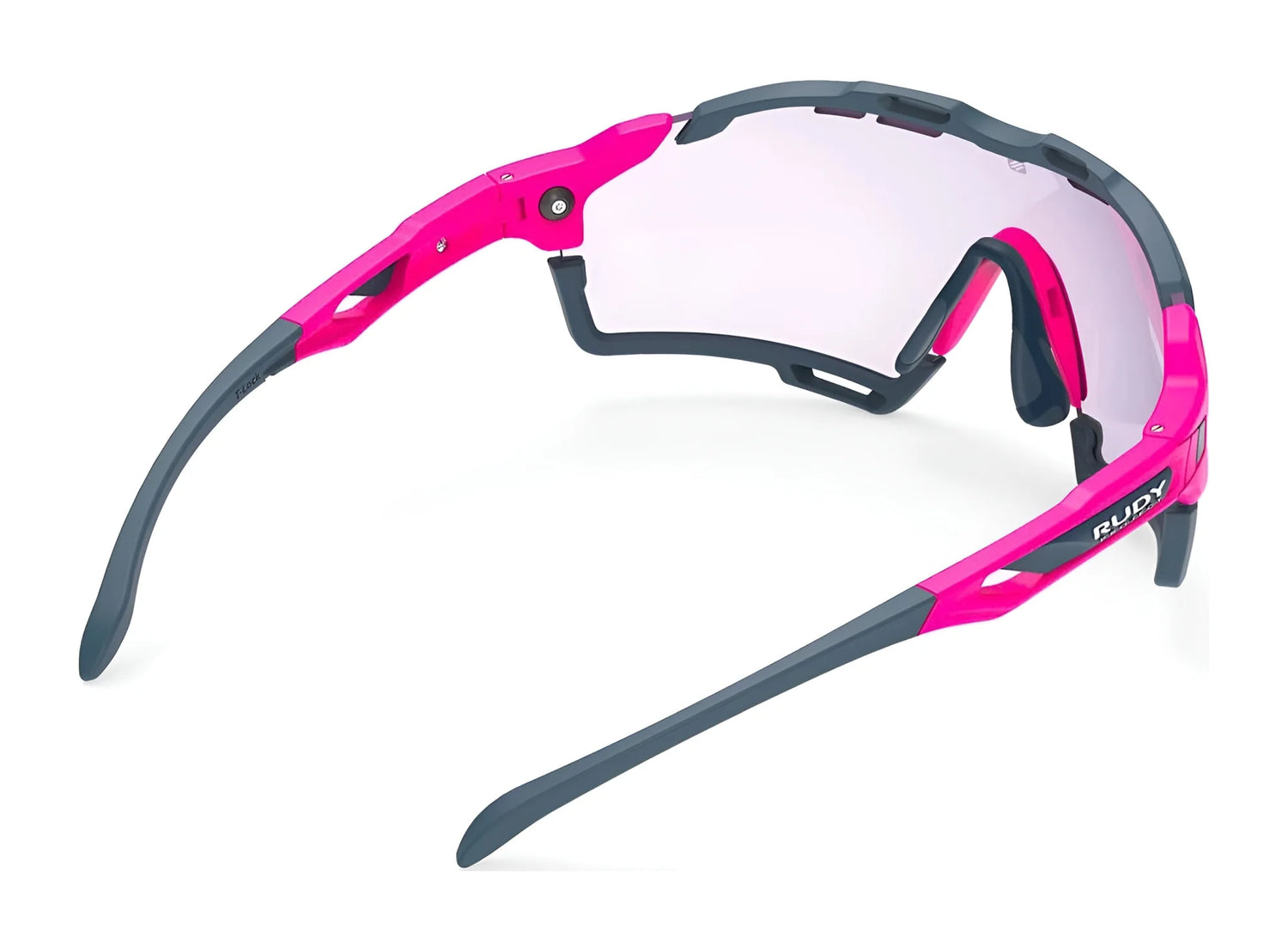 The Rudy Project Cutline Sunglasses by Rudy Project, shown in pink and gray with a clear lens from a rear side angle on a white background, feature adaptive temple tips for a secure and comfortable fit. The Rudy Project Cutline Sunglasses by Rudy Project, shown in pink and gray with a clear lens from a rear side angle on a white background, feature adaptive temple tips for a secure and comfortable fit.
