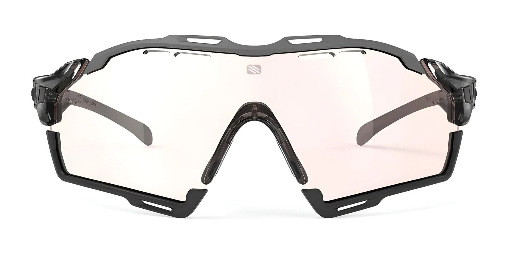The Rudy Project Cutline Sunglasses by Rudy Project feature sporty black frames, clear lenses, and adaptive temple tips, shown from the front against a white background. The Rudy Project Cutline Sunglasses by Rudy Project feature sporty black frames, clear lenses, and adaptive temple tips, shown from the front against a white background.