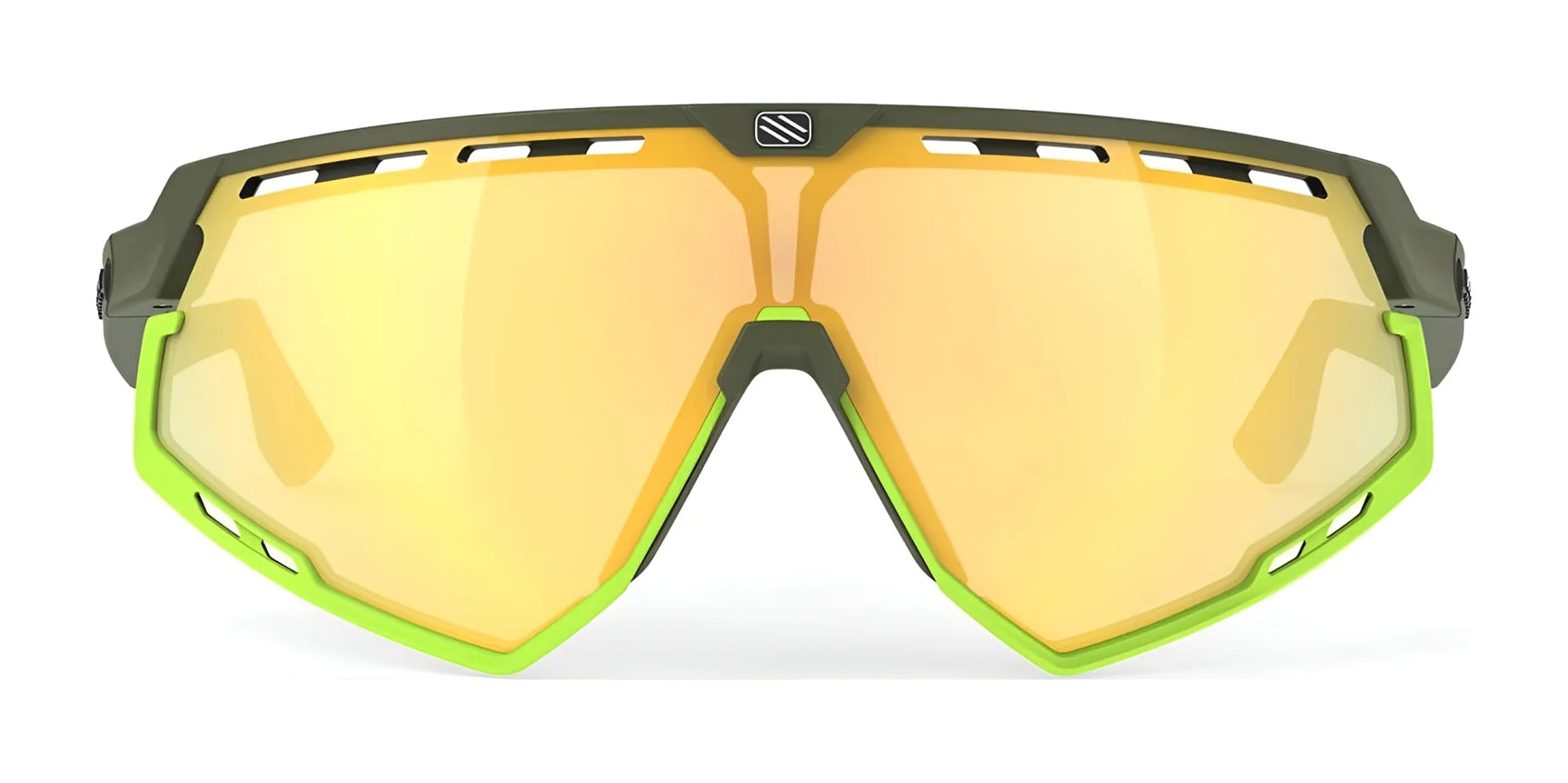 Front view of Rudy Project Defender Sunglasses | Size 141, featuring yellow mirrored lenses, green frame accents, and interchangeable lenses for versatile style by Rudy Project. Front view of Rudy Project Defender Sunglasses | Size 141, featuring yellow mirrored lenses, green frame accents, and interchangeable lenses for versatile style by Rudy Project.