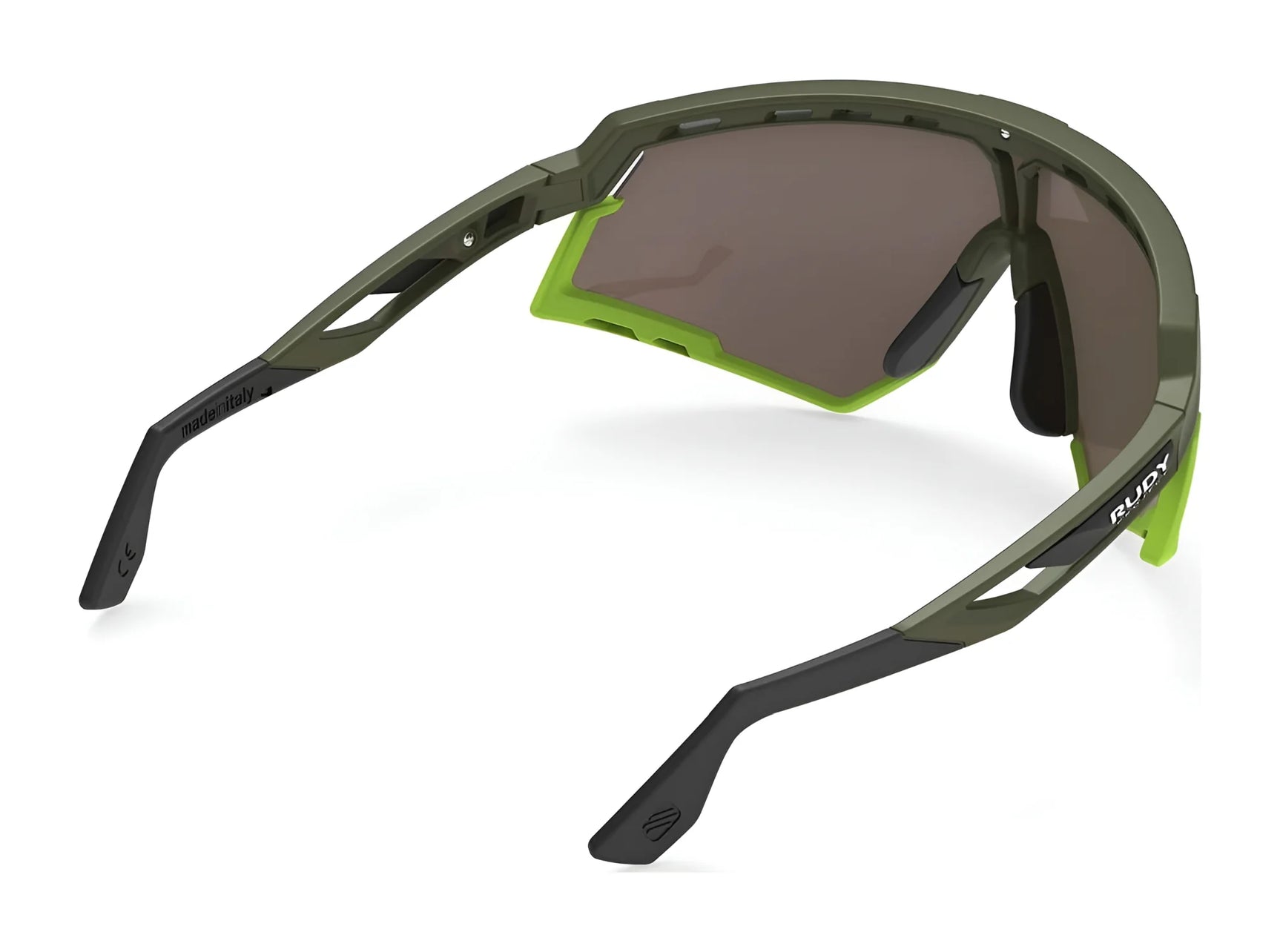 Rudy Project Defender Sunglasses in olive green with black arms and dark interchangeable lenses, size 141, shown from a rear side angle. Rudy Project Defender Sunglasses in olive green with black arms and dark interchangeable lenses, size 141, shown from a rear side angle.