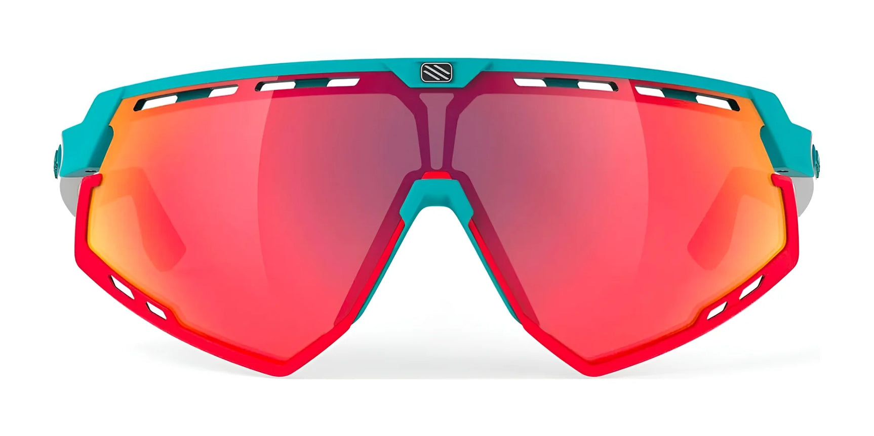 The Rudy Project Defender Sunglasses | Size 141 feature red-orange mirrored lenses and a teal/red frame, shown front view. Interchangeable lenses offer versatile style and function. The Rudy Project Defender Sunglasses | Size 141 feature red-orange mirrored lenses and a teal/red frame, shown front view. Interchangeable lenses offer versatile style and function.