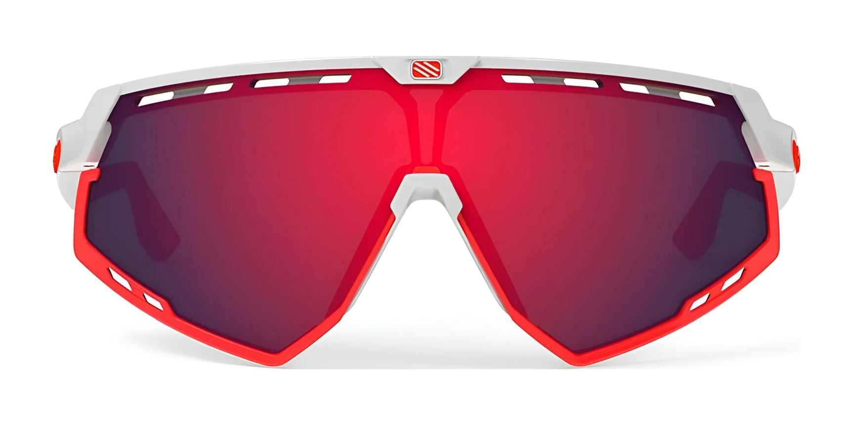 The Rudy Project Defender Sunglasses (Size 141) by Rudy Project feature a red and white frame, large reflective red lenses, and interchangeable lenses for versatile performance. The Rudy Project Defender Sunglasses (Size 141) by Rudy Project feature a red and white frame, large reflective red lenses, and interchangeable lenses for versatile performance.