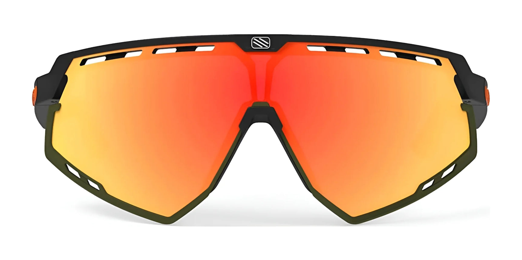 Front view of Rudy Project Defender Sunglasses | Size 141, featuring orange mirrored lenses, black frame with vented edges, and designed for interchangeable lenses to adapt to various lighting conditions. Front view of Rudy Project Defender Sunglasses | Size 141, featuring orange mirrored lenses, black frame with vented edges, and designed for interchangeable lenses to adapt to various lighting conditions.