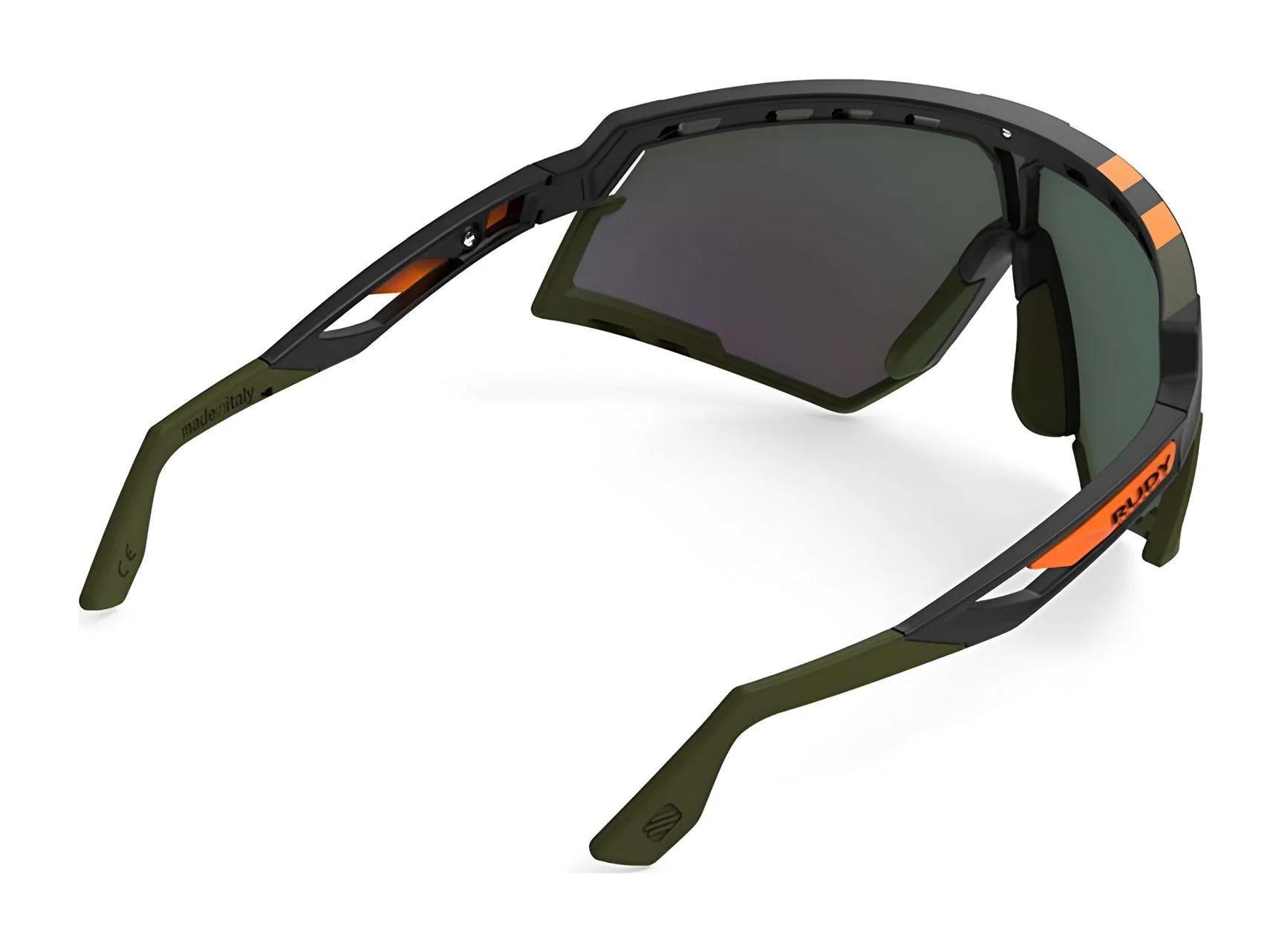 The Rudy Project Defender Sunglasses (Size 141) feature dark lenses, olive green arms, and black/orange accents; they’re prescription-compatible for clear vision and peak performance. The Rudy Project Defender Sunglasses (Size 141) feature dark lenses, olive green arms, and black/orange accents; they’re prescription-compatible for clear vision and peak performance.