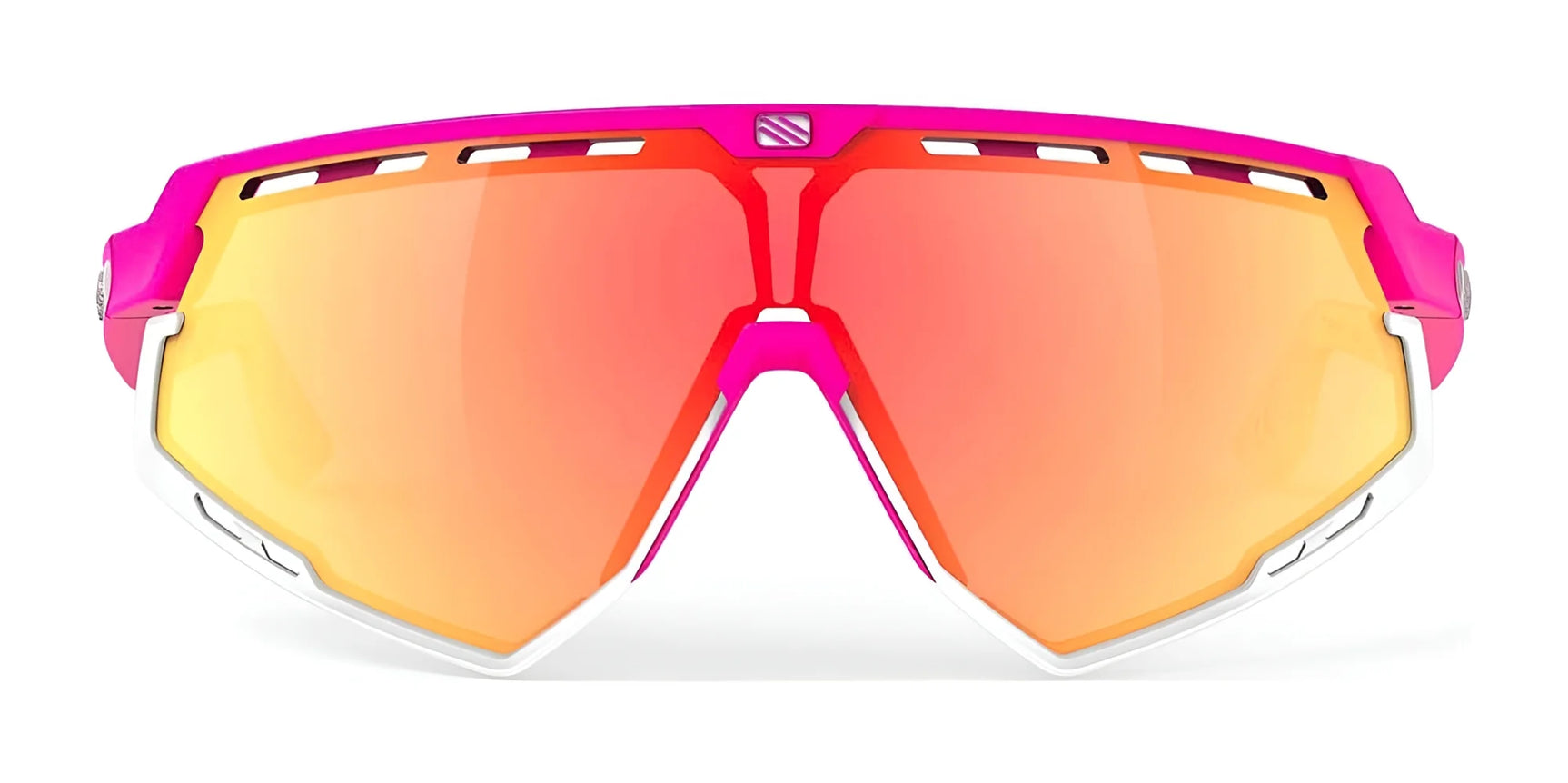 Front view of Rudy Project Defender Sunglasses | Size 141 by Rudy Project, featuring a sporty pink and white frame with orange-tinted mirrored interchangeable lenses. Front view of Rudy Project Defender Sunglasses | Size 141 by Rudy Project, featuring a sporty pink and white frame with orange-tinted mirrored interchangeable lenses.