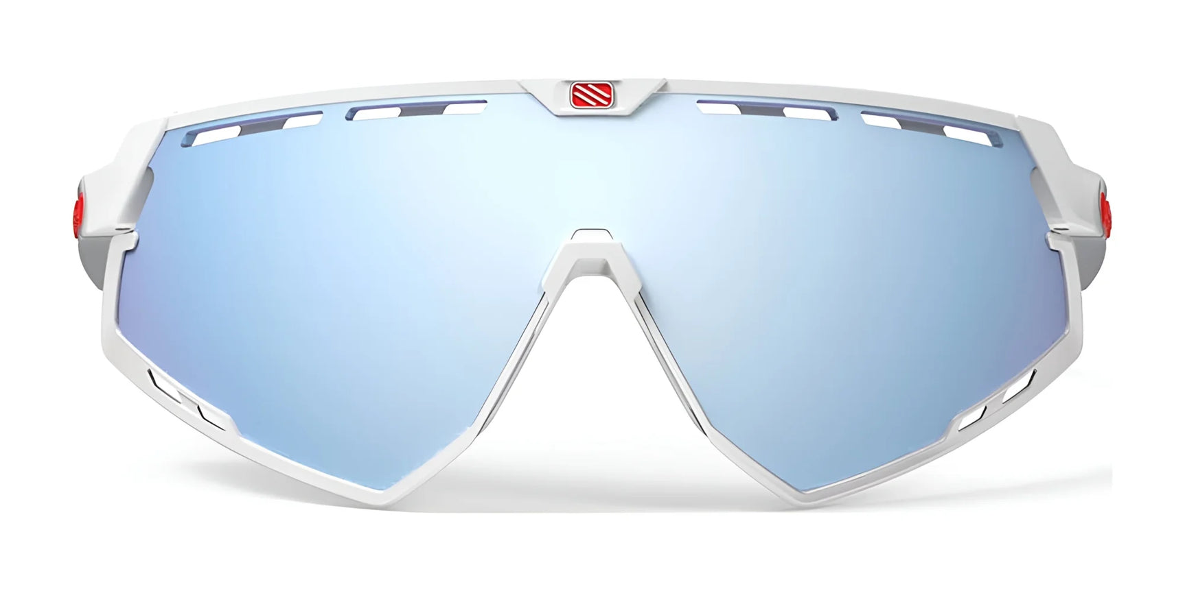 Rudy Project Defender Sunglasses | Size 141 shown in close-up, featuring a large blue-tinted lens with red accents and interchangeable lenses for versatile performance on a white background. Rudy Project Defender Sunglasses | Size 141 shown in close-up, featuring a large blue-tinted lens with red accents and interchangeable lenses for versatile performance on a white background.