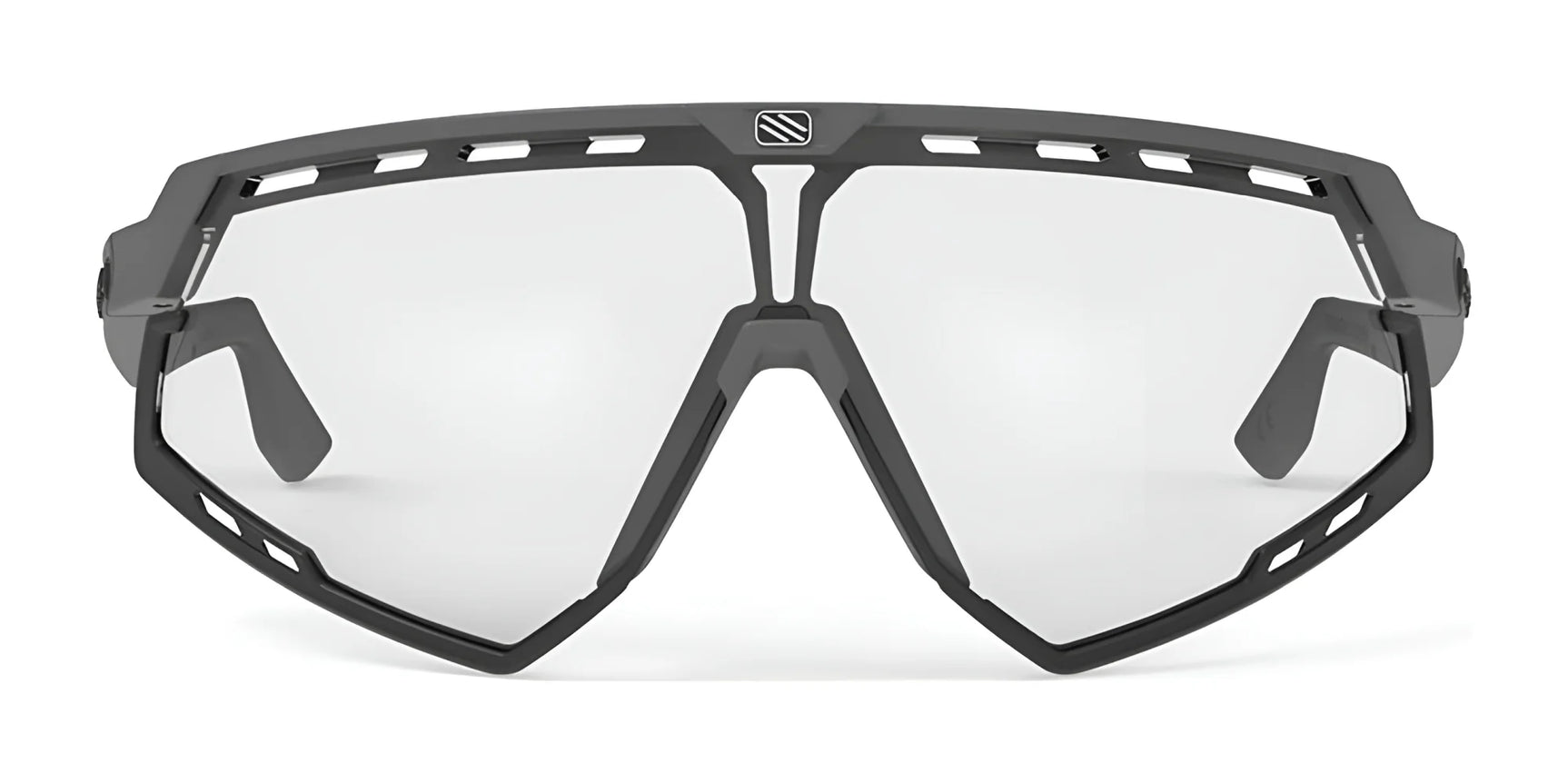 Front view of Rudy Project Defender Sunglasses | Size 141—modern sports eyewear by Rudy Project featuring a black frame and clear, interchangeable lenses. Front view of Rudy Project Defender Sunglasses | Size 141—modern sports eyewear by Rudy Project featuring a black frame and clear, interchangeable lenses.