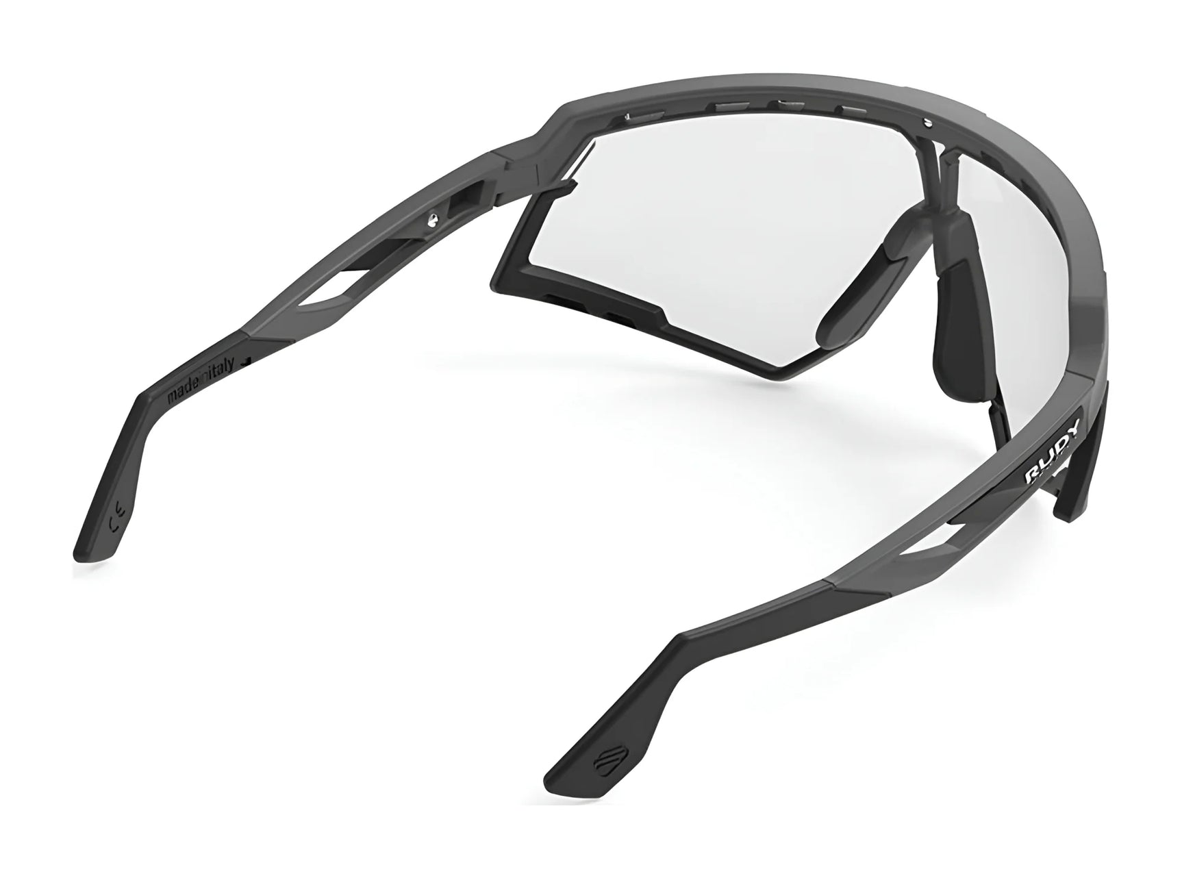 Rudy Project Defender Sunglasses (Size 141) in black feature clear, interchangeable lenses and an angular, wraparound design, shown from the rear. Rudy Project Defender Sunglasses (Size 141) in black feature clear, interchangeable lenses and an angular, wraparound design, shown from the rear.